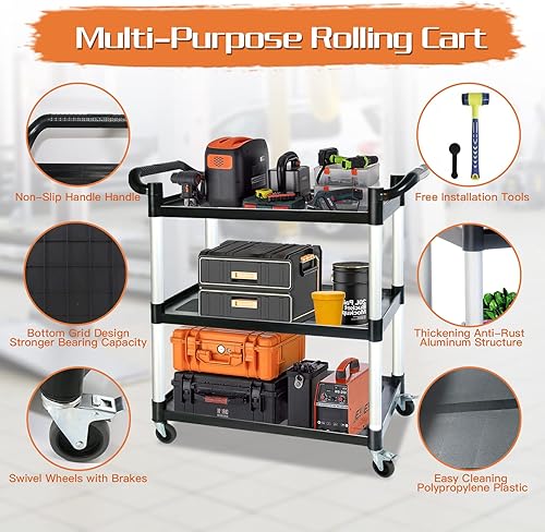 Miniatura 3 de Carros utilitarios con ruedas, carrito rodante de 3 niveles con ruedas, carrito de servicio de alimentos resistente de 510 libras con almohadilla de