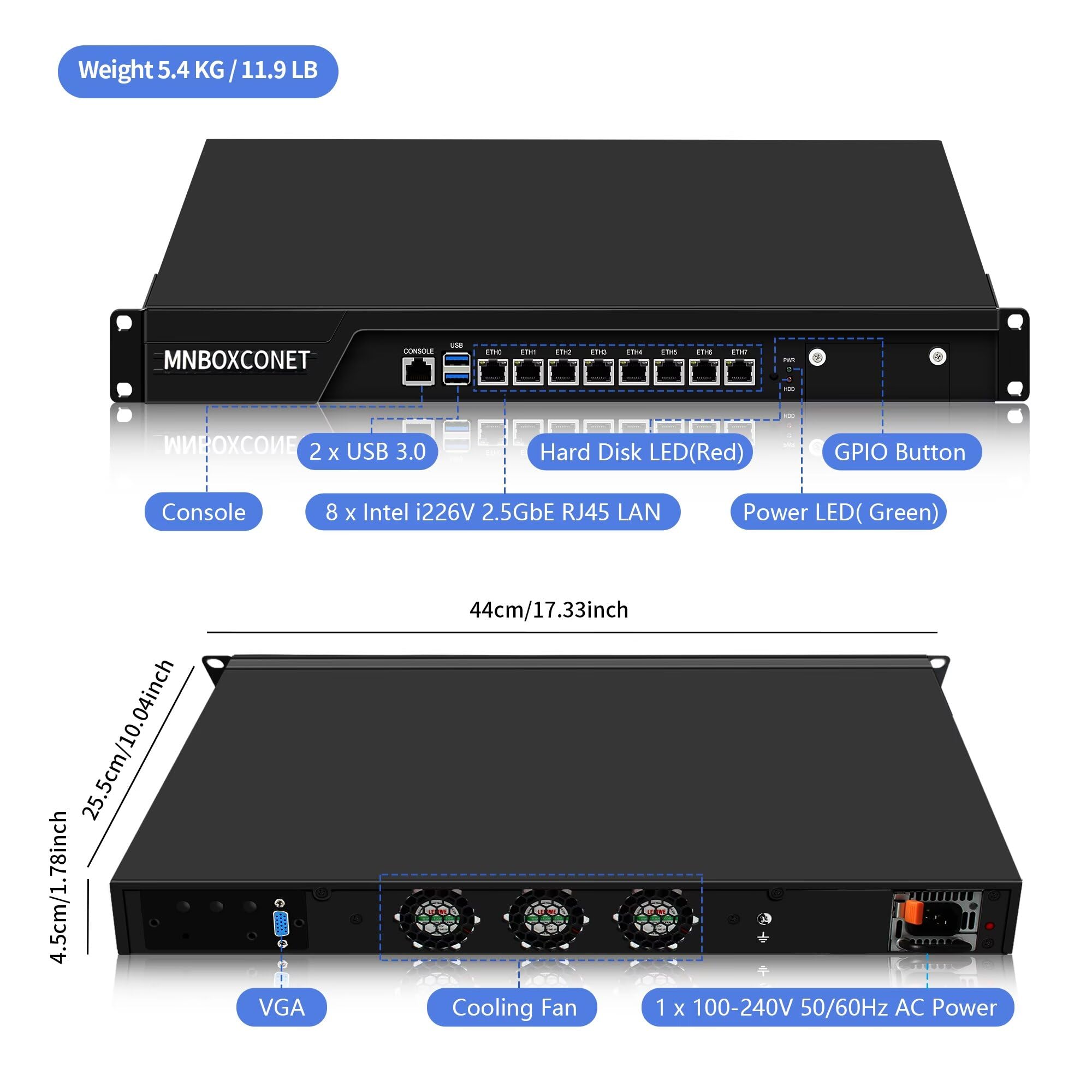 1U Rackmount Serveur 19'' Firewall Router Appliance i5-9400, 8 x i226V Gigabit Ethernet Console OPNsense, VPN, Network Appliance, VGA, USB 3.0, GPIO, Barebone NO RAM NO SSD