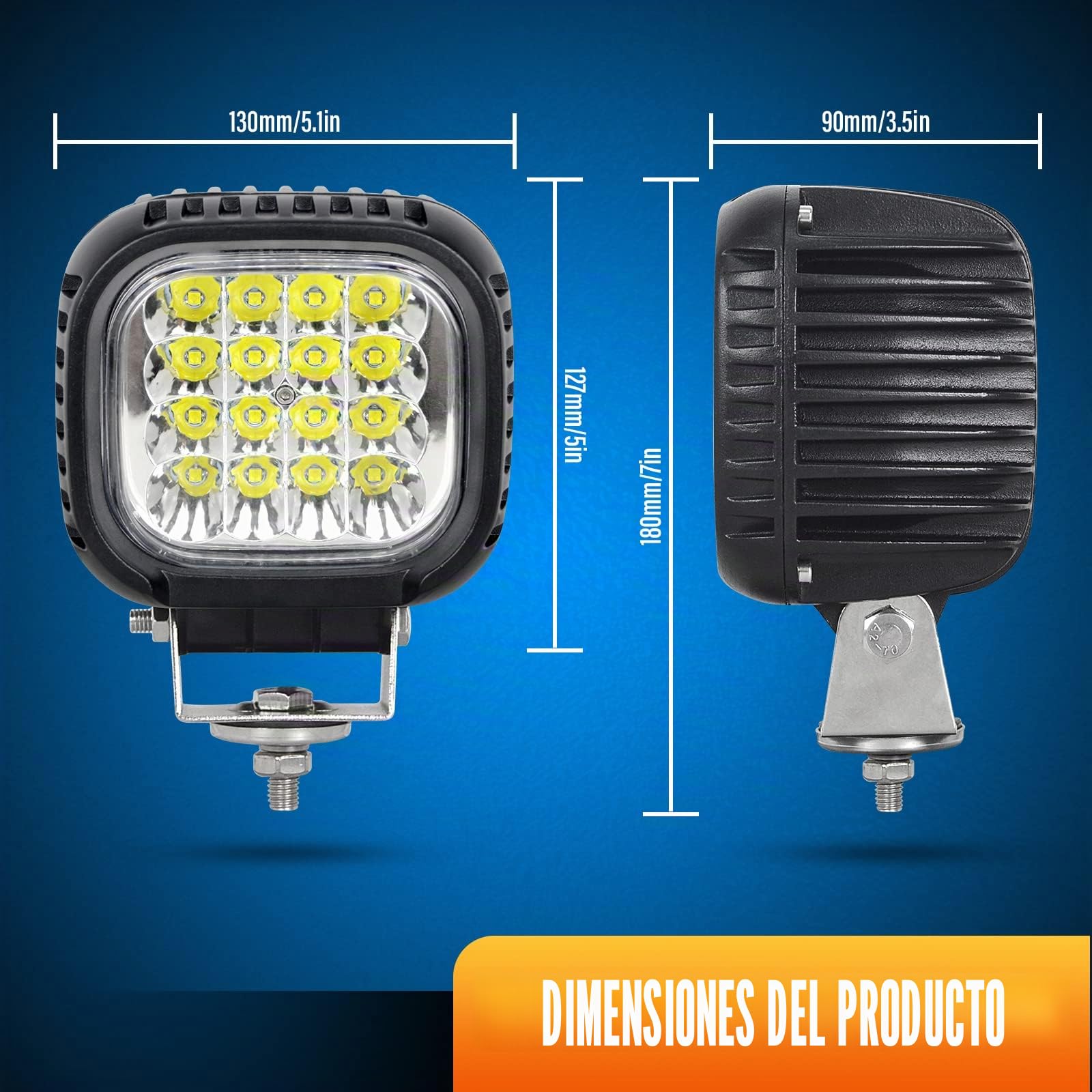 RIGIDON 2 Pcs cuadrado faros de trabajo led, 5 Pulgadas 48W Barra de luz led 12V 24V Spotlight Impermeable para Tractor Camión Coche Todoterreno 4x4 ATV SUV Vehículo, 6000K Blanco faros antiniebla