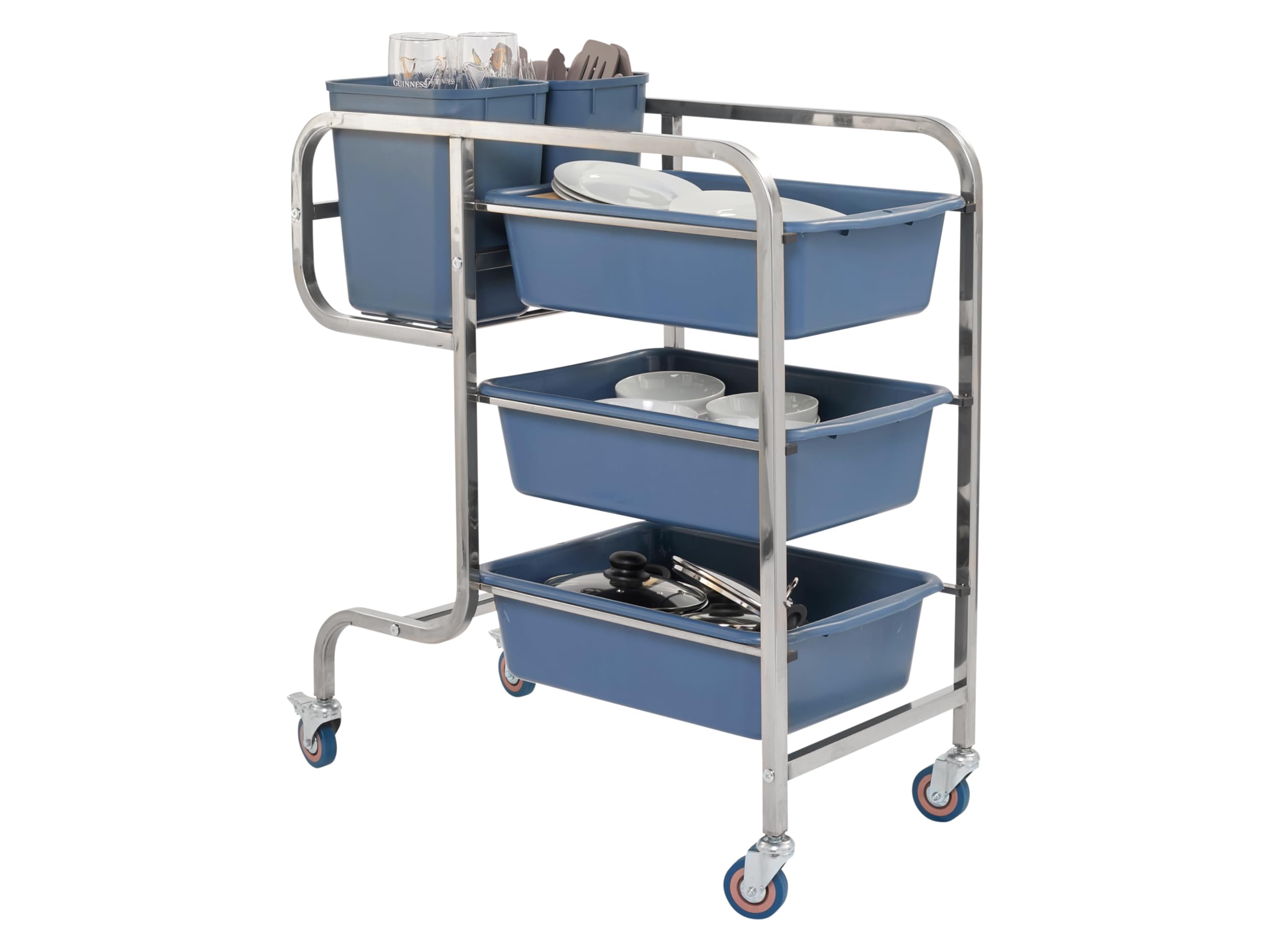The Workplace Depot Stainless Steel Bussing Trolley, Sturdy 3 Tier Commercial Catering Cart With X3 Grey Trays & X2 Grey Tubs On Swivel Braked Castor Wheels