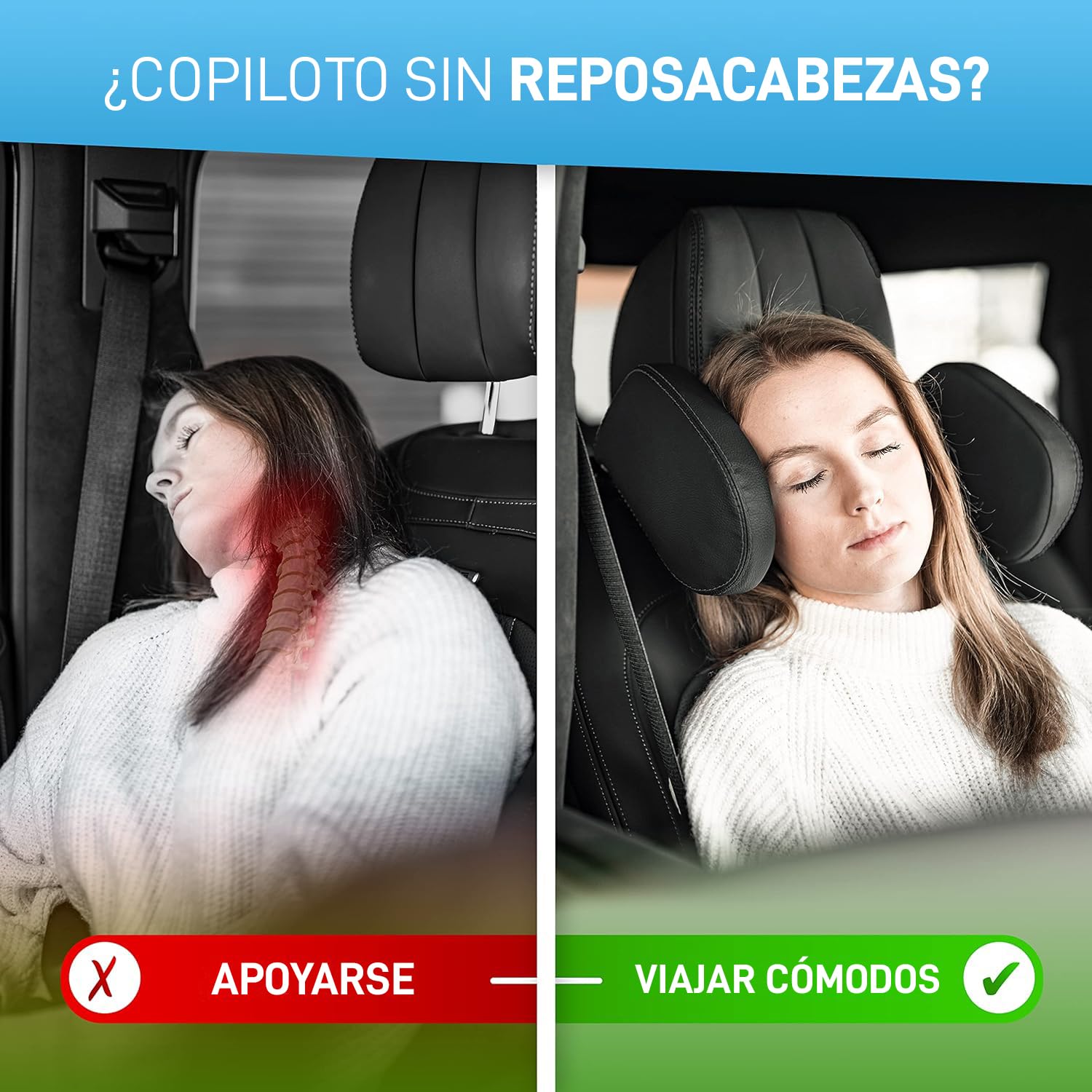 FLIPLINE Reposacabezas de coche para niños Costuras negras Sensación de viaje cómoda para niños y adultos - Se instala en 2 minutos sin destornillador - Reposacabezas de coche