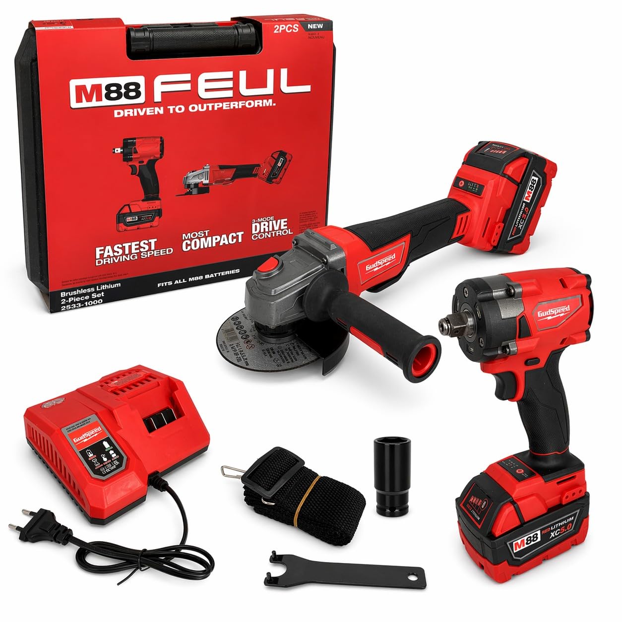 Combo Avvitatore ad impulsi 1/2" + Smerigliatrice Angolare 115/125mm 88V 2 Batterie 5Ah con Motore Brushless Kit Professionale Trapano Avvitatore Flex