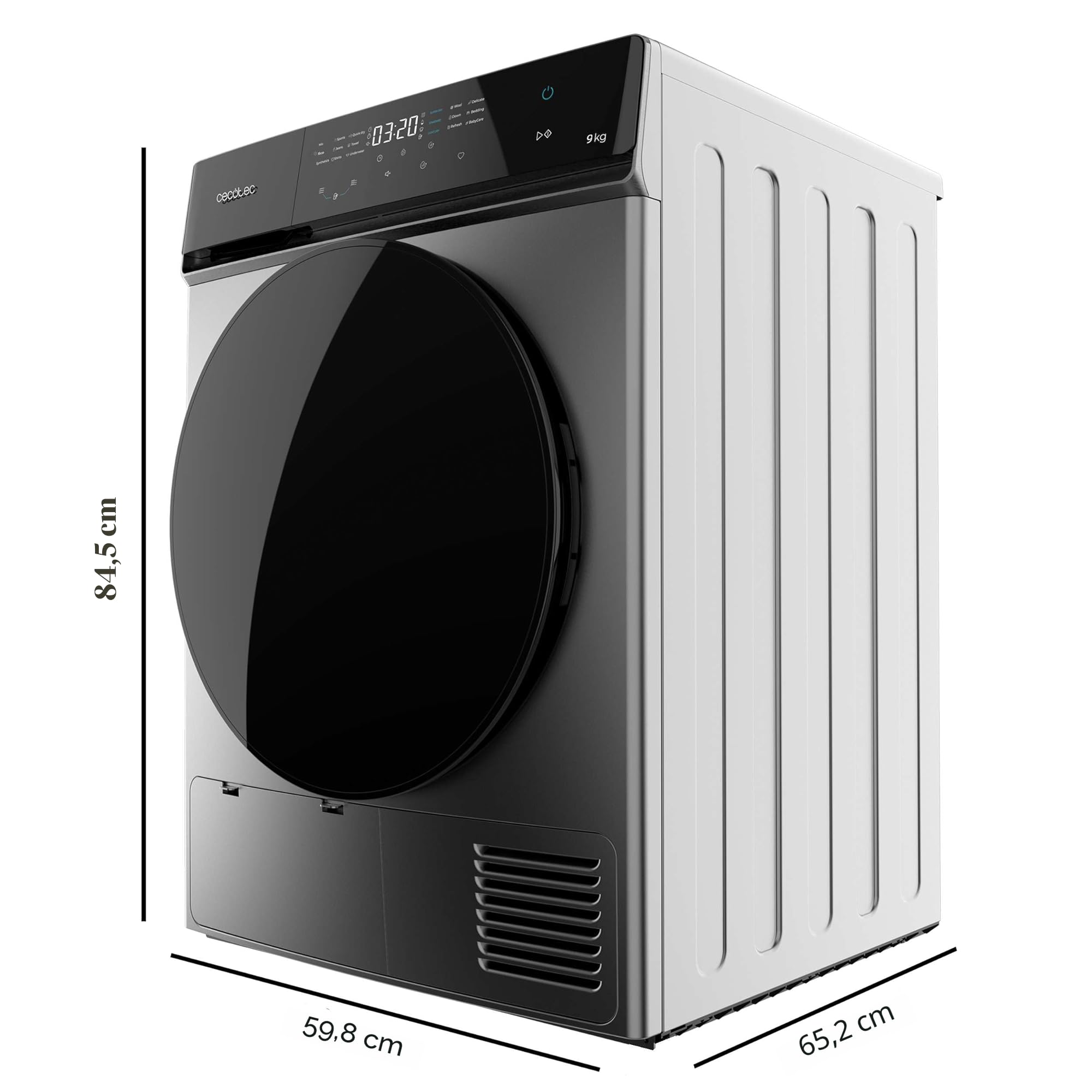 Cecotec Asciugatrice 9 Kg Pompa di Calore Bolero DressCode Dry 9400 Steel. Classe Equivalente A++, Controllo Tattile, 15 Programmi, Asciugatura Automatica, Stiratura Facile, Stop&Go, Tamburo Inox