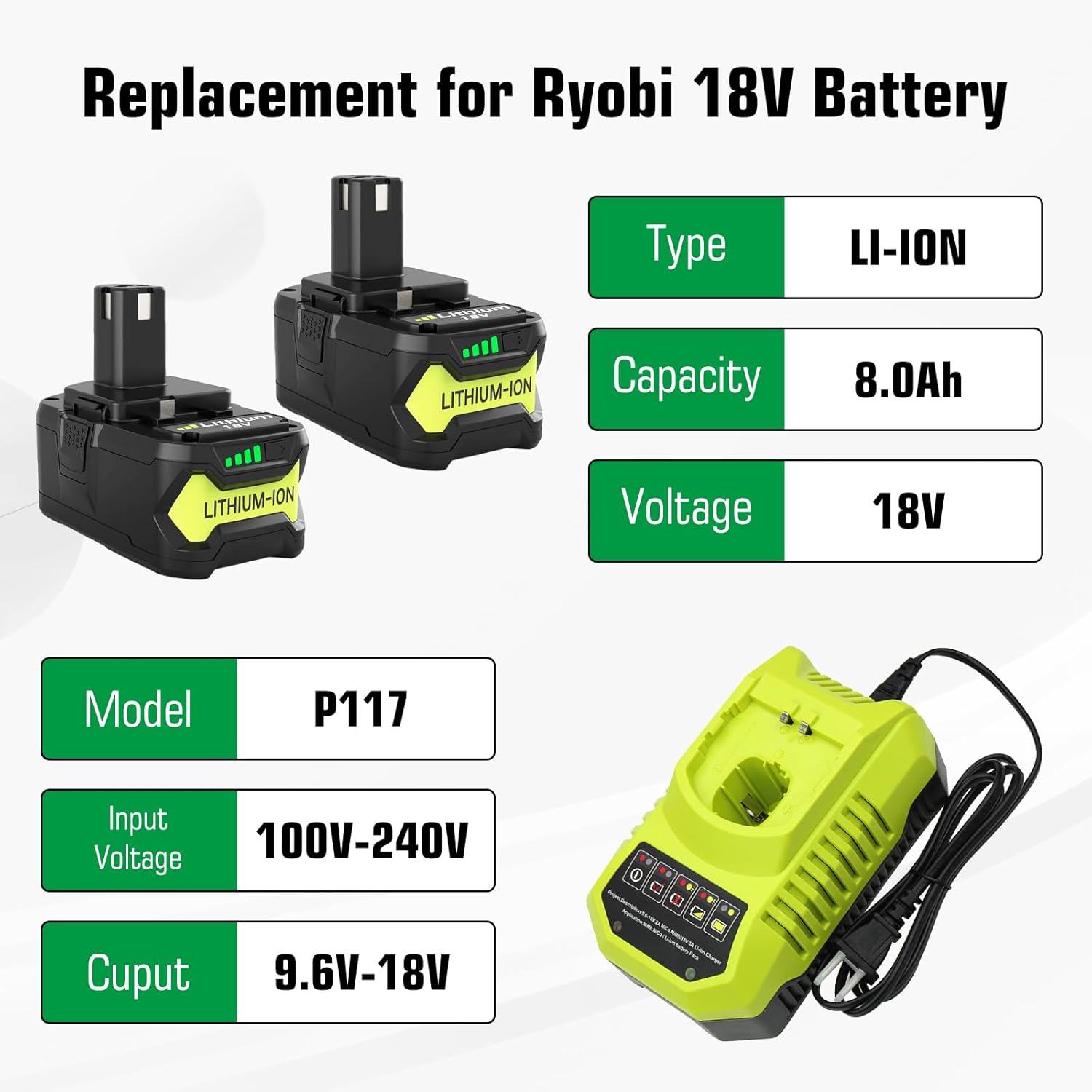 2-Pack 18V 8000mAh P108 Replacement for Ryobi 18V Battery and P117 Charger Compatible with Ryobi 18 Volt Lithium Battery P102 P103 P104 P105 P107 P109 P108 P190 P122 Cordless Power Tools (Green) - Image 2