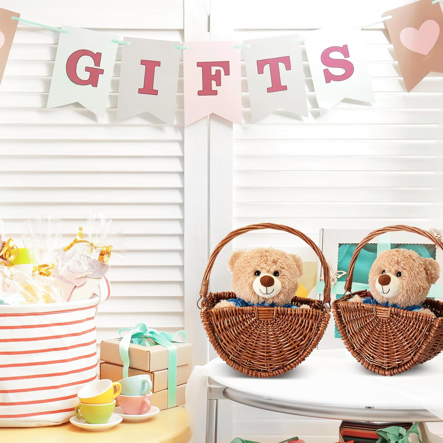 Willinglong 2 Pcs Flower Girl Baskets Half Moon Wicker Rattan Basket with Handle Willow Wedding Baskets for Wedding Picnic Home Decorations Garden Storage (Dark Color)