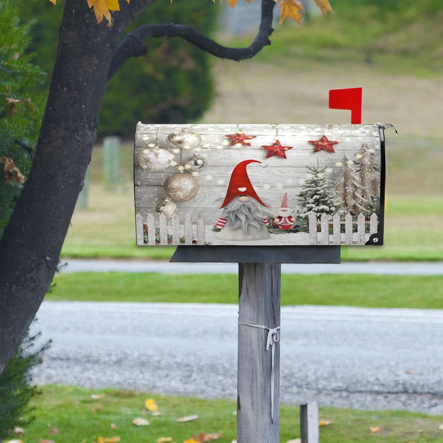 Vdsrup Christmas Winter Gnome Mailbox Covers Magnetic Xmas Tree Balls Mailbox Wraps Standard Size 18" X 20.7" Post Letter Box Garden Decorations