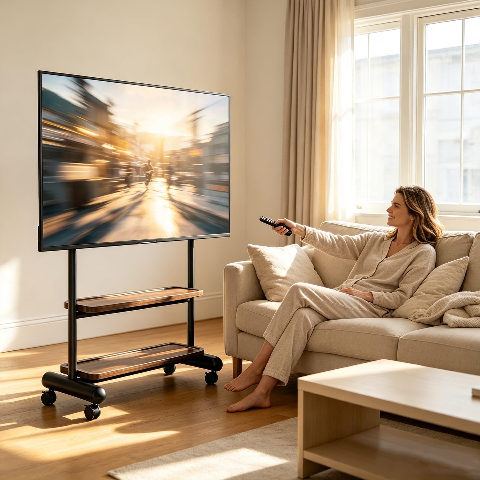 Supporto TV Mobile, Carrello TV Autoportante con Ruote | Doppio Ripiano con Bordi Rialzati, Ruote Bloccabili per TV a Schermo Piatto(Black)