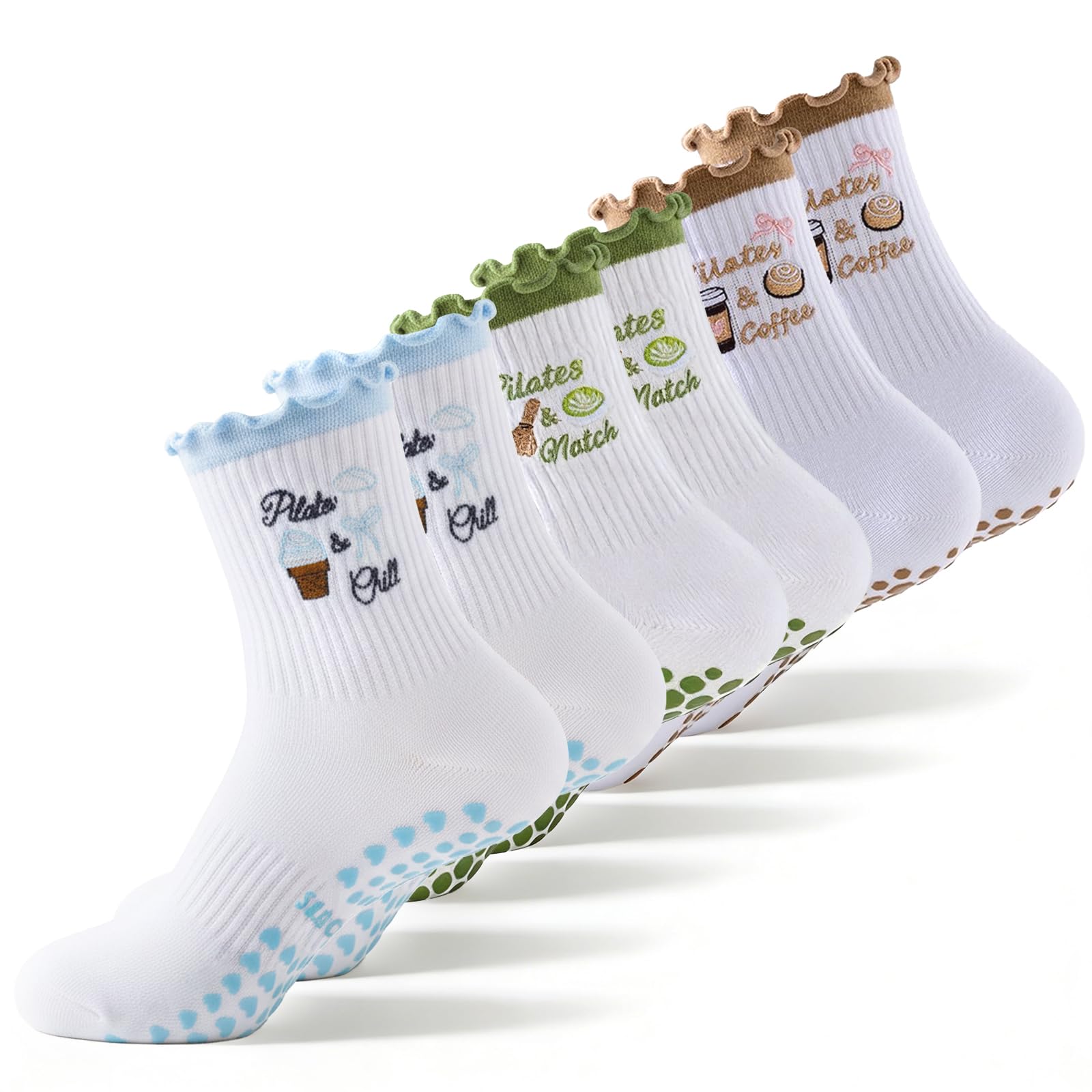 AMOturuxient 3 Pairs Pilates Socks Non Slip women, Grip Yoga Reformer pilates Socks with Silicone Sole, Breathable Embroidered Cuff Socks for Barre, Dance, Gym Home Workout (green+blue+khaki)