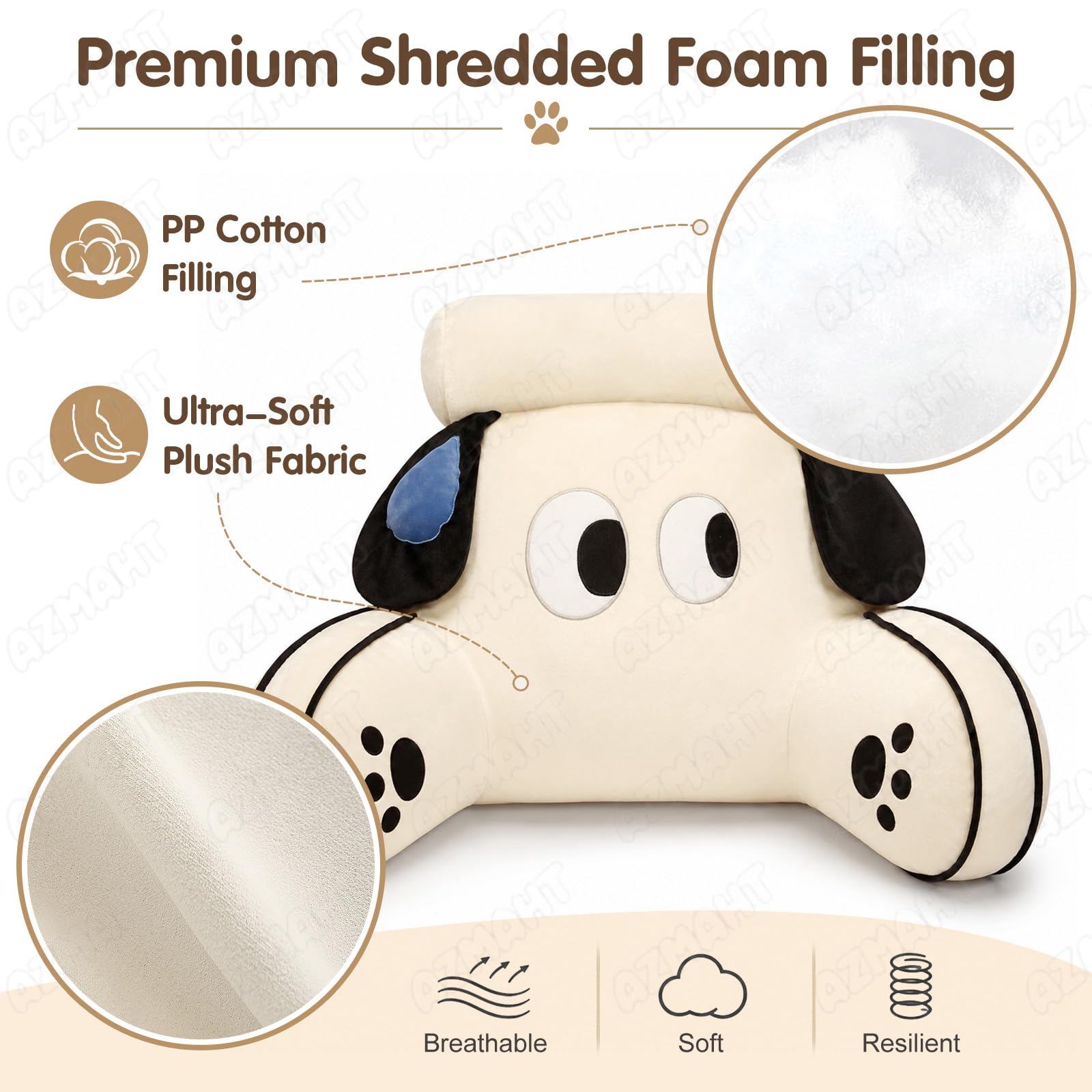 Cojín De Lectura para Cama, Peluche Suave con Relleno De PP, Cojín De Respaldo con Reposabrazos, Cojín De Lectura para TV, Gaming, Sofá, Dormitorio, Niños Y Estudiantes,Grey Dog,75X50CM