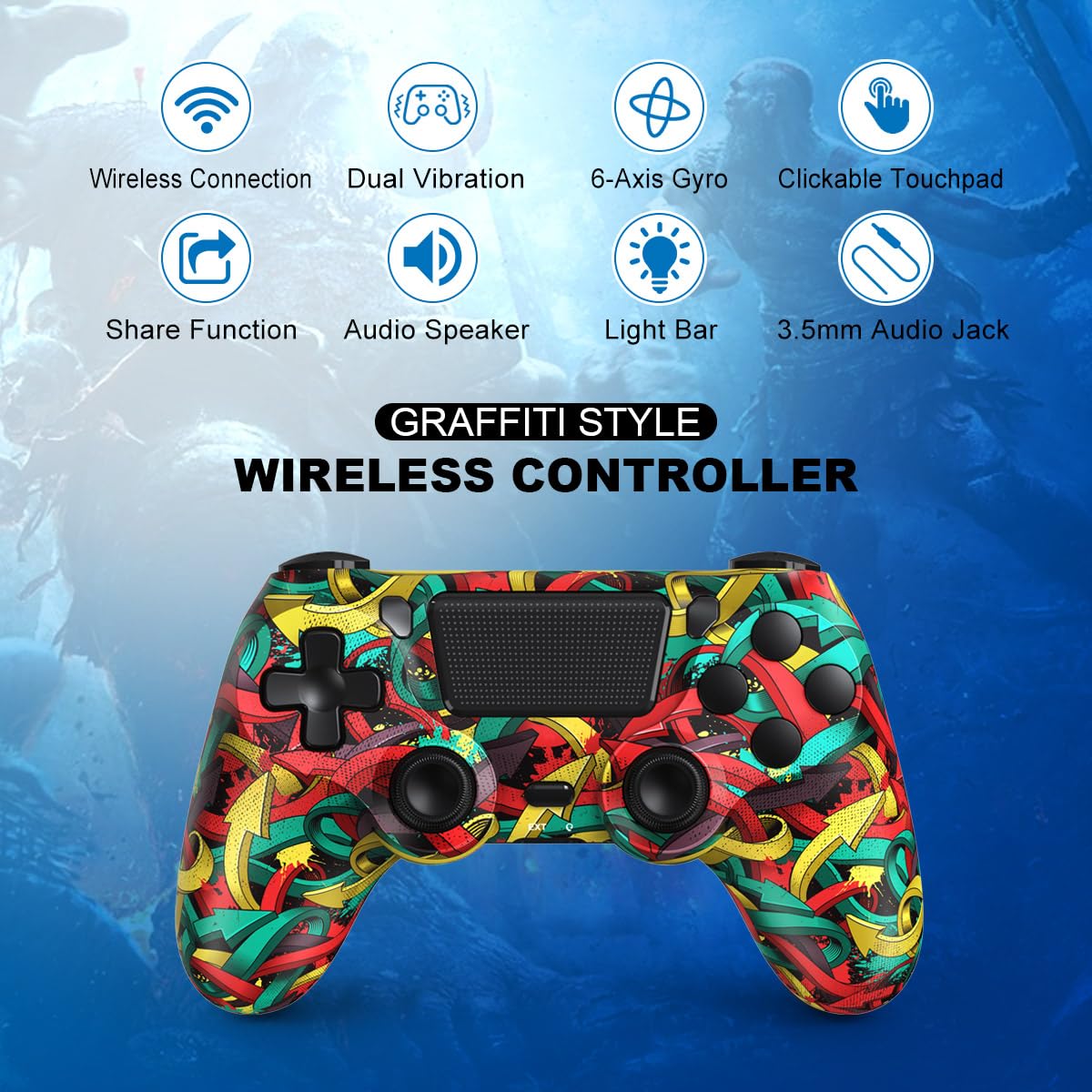 Diagram showing various features of the MOOGOLE Wireless Controller including wireless connection, dual vibration, 6-axis gyro, clickable touchpad, share function, audio speaker, light bar, and 3.5mm audio jack.