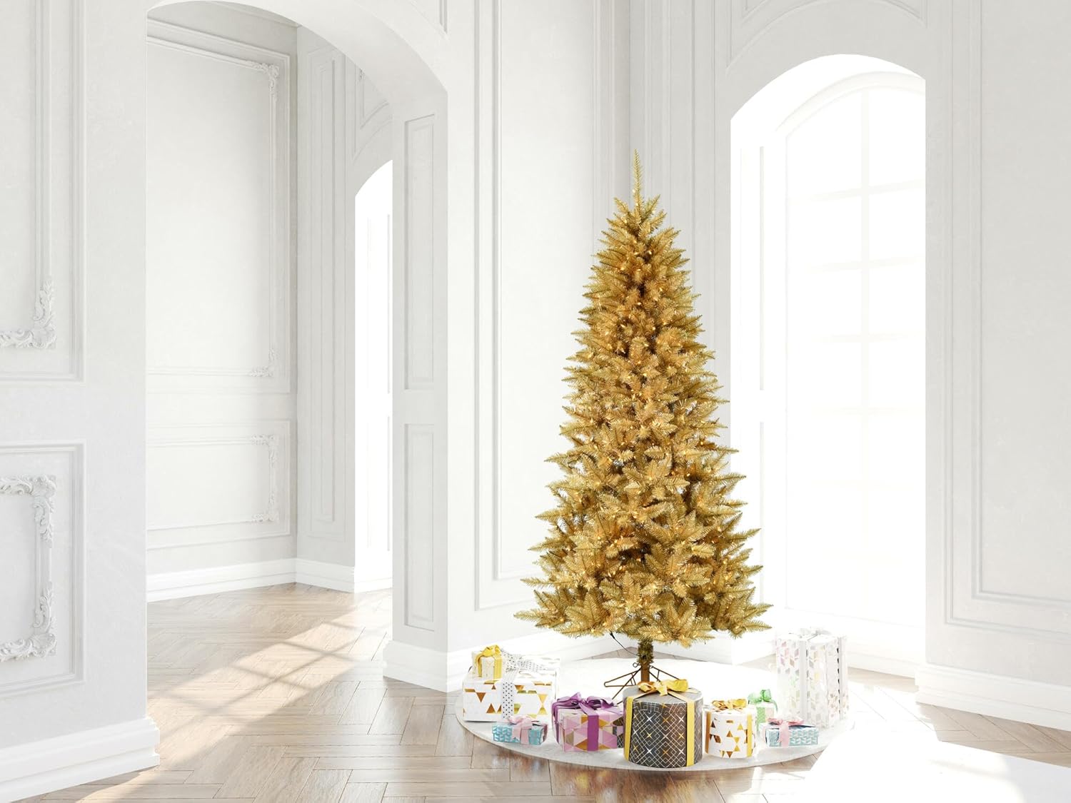 Vickerman 6.5' Gold Fir Artificial Christmas Pencil Tree, Warm White Dura-Lit® LED Lights - Faux Fir Christmas Tree - Seasonal Indoor Home Decor