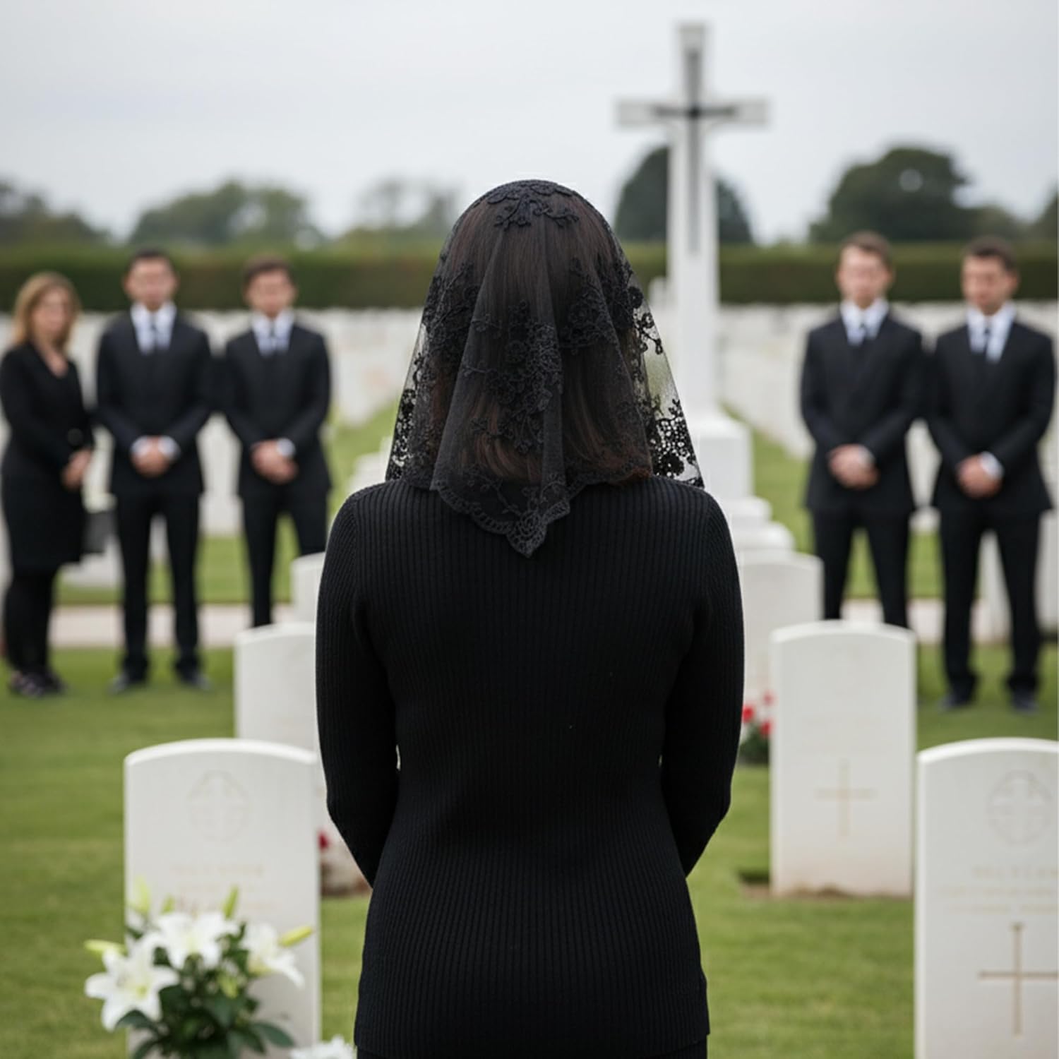 Triangle Veil with Lace Edge, Floral Pattern Sheer Tulle Chapel Bridal Veil for Wedding, Church, Daily Use Mantilla - Image 3