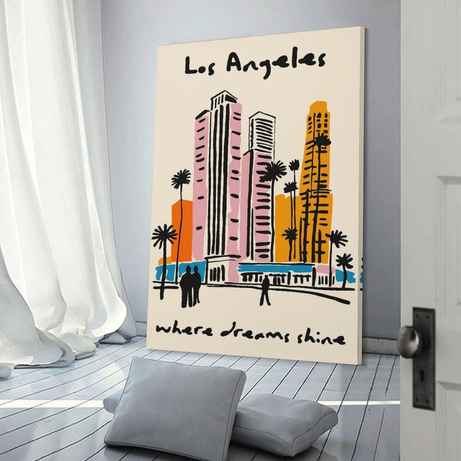 Junmoney Frame-Style-2 Los Angeles Skyline Illustration Decorative Canvas Print, 24X36inch(60X90cm), For New Home Styling, Lounge Or Bedroom, Stylish Wall Art For Fresh Spaces