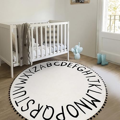 Miniatura 3 de STARUIA ABC - Alfombra redonda antideslizante para niños, 59 x 59 pulgadas, para aula, alfombra grande lavable con pompones y flecos, alfombra