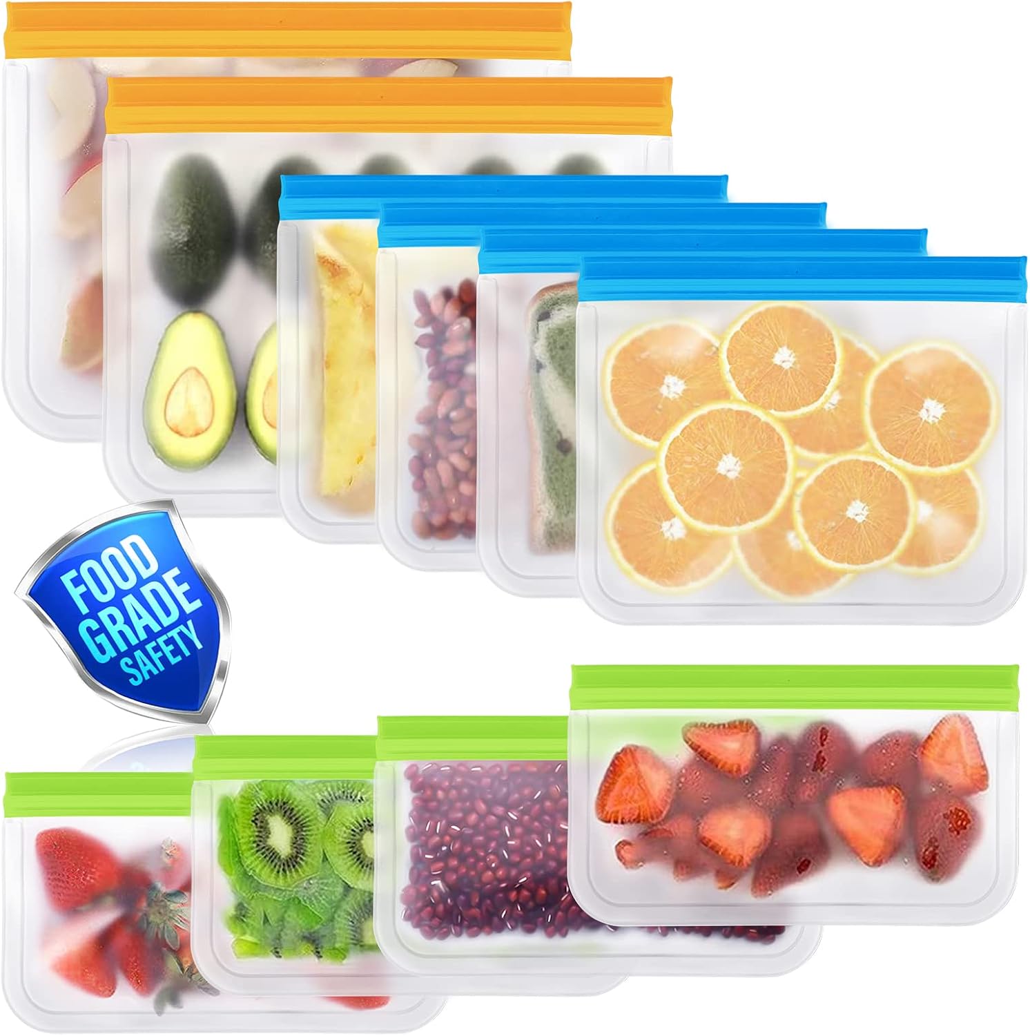 Reusable Ziplock Bags Silicone, 10 Pack Leakproof Reusable Freezer Bags, BPA Free Reusable Food Storage Bags Reusable Sandwich Bags for Travel/Home Organization