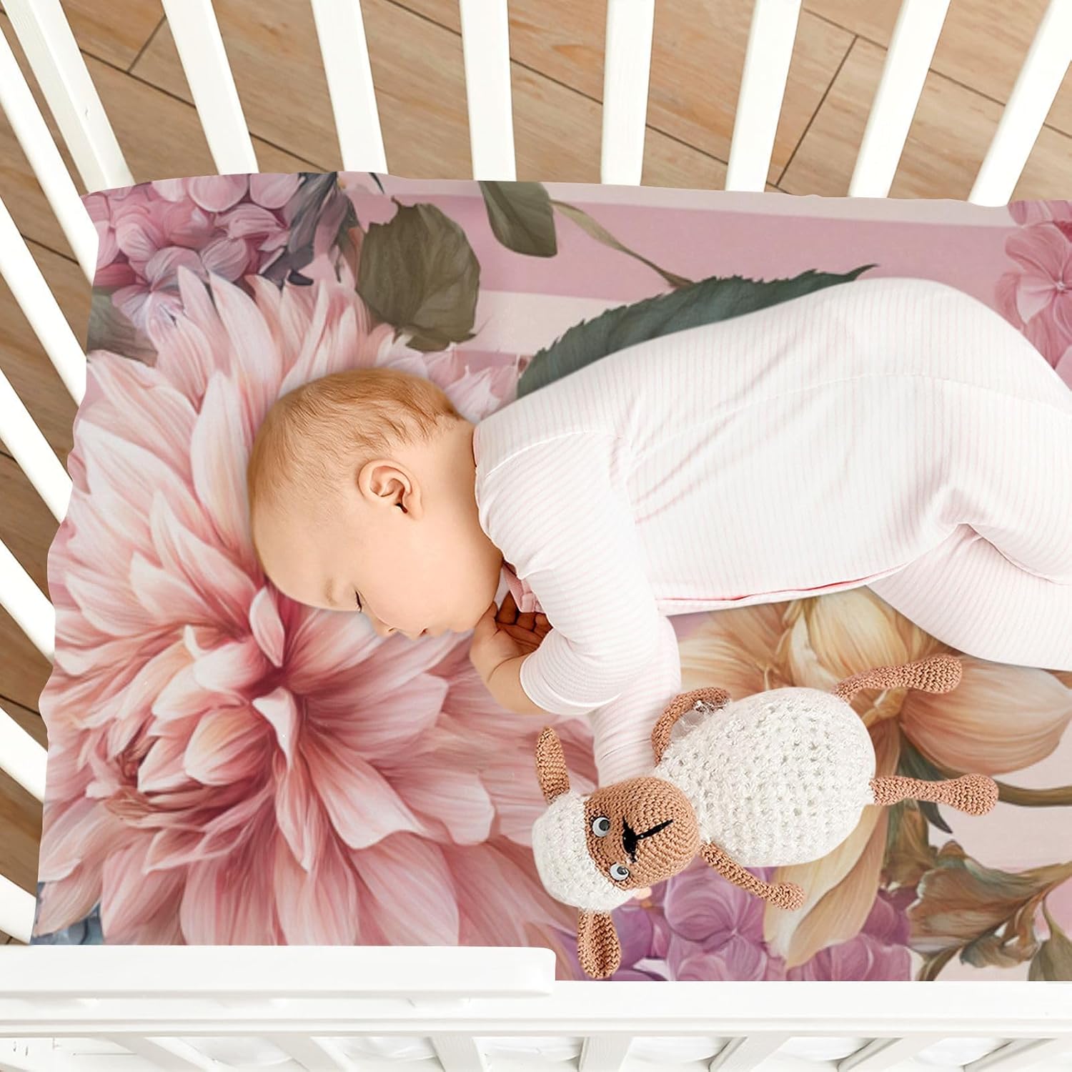 Crib Sheets Baby for Boys Girls Breathable Neutral Toddler Bed Sheets for Standard Size Toddler Mattress 39x27 Inch Pink Stripes Hydrangeas Dahlias Blooms