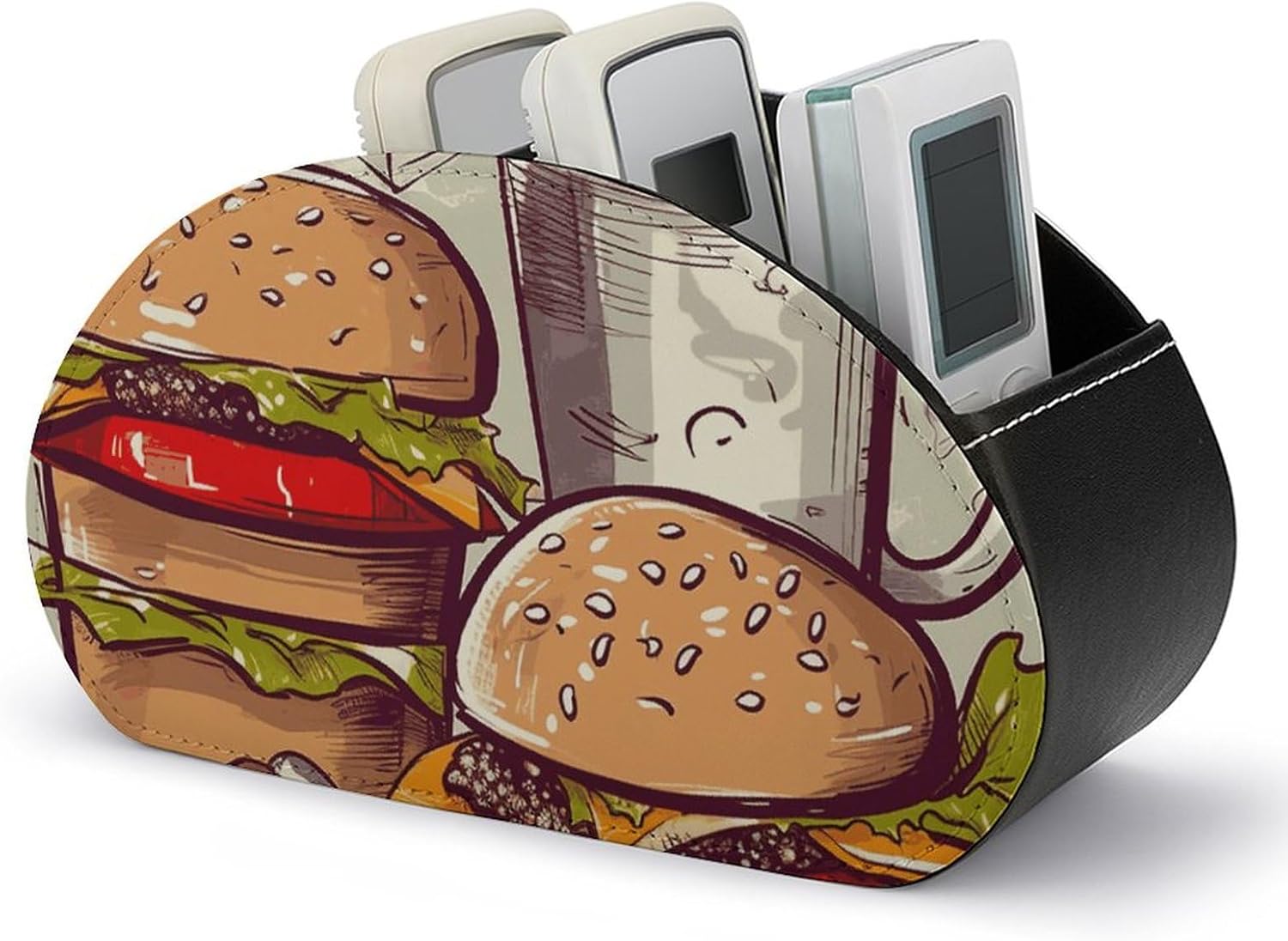 Remote Control Holders Pu Leather TV Remote Holder with 5 Compartments Desktop Storage Organizers Funny Food Hamburgers And Mugs Remote Caddy Box for TV Remotes/Media Controllers/Office Supplies
