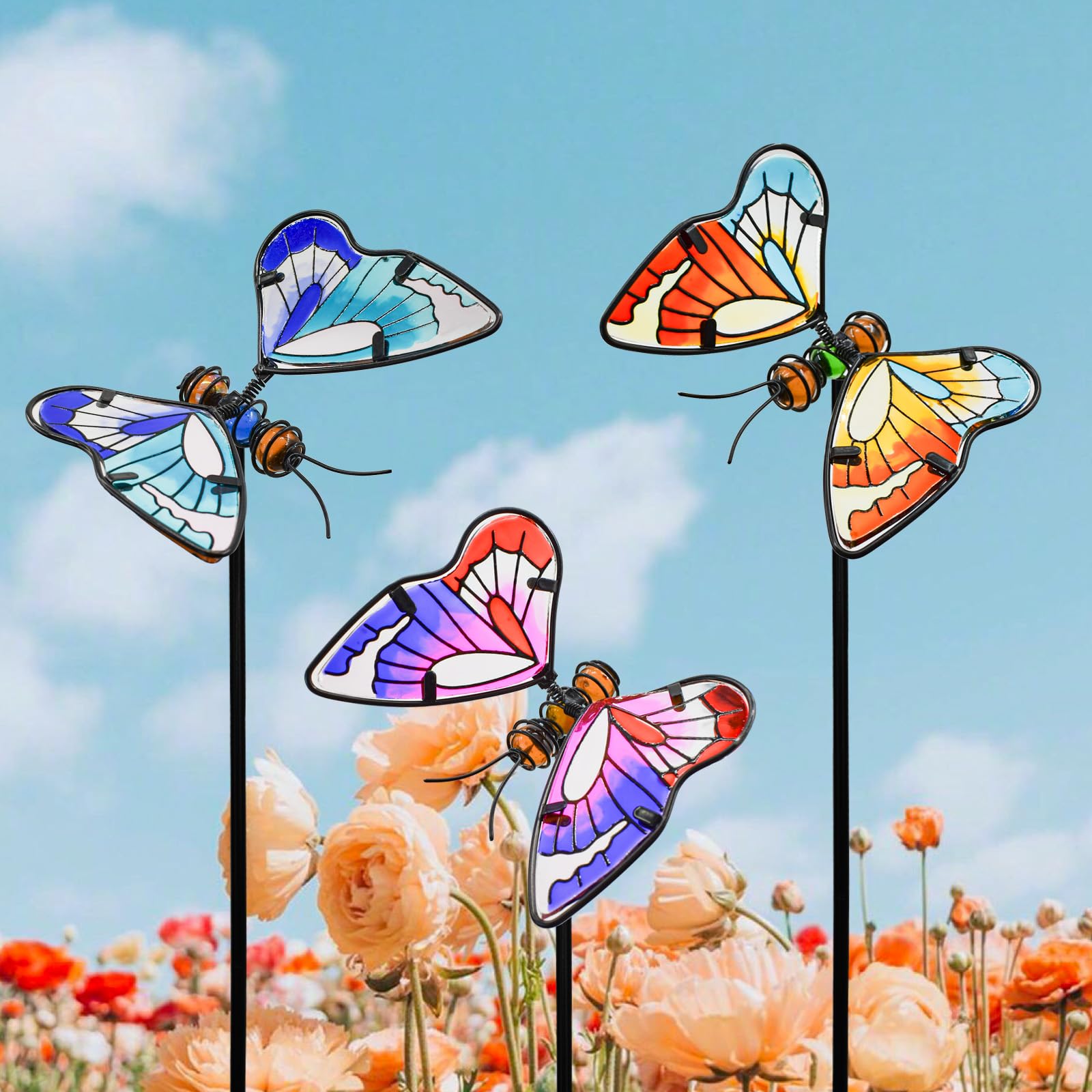 Set mit 3 Schmetterlings-Gartensteckern, 50,8 cm, bunte Schmetterlingspfähle, dekorative Gartenpfähle, leuchten im Dunkeln, Metallkunst, für Außenbereich, Rasen, Weg, Terrasse, Ornamente