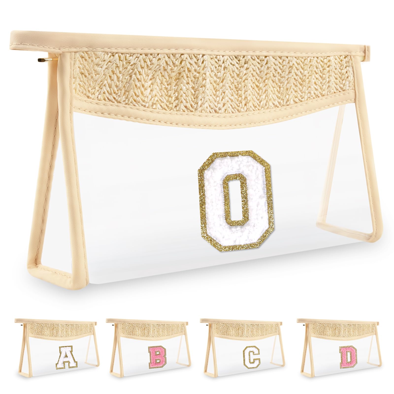 UIXIZQ Personalized Initial Letter Bag Boho Straw Clear Makeup Bag,Small Cute Chenille Varsity Letter Bag With Zipper,Beach Travel Toiletry Bag,Portable Monogrammed Cosmetic Bag for Women Girls,O