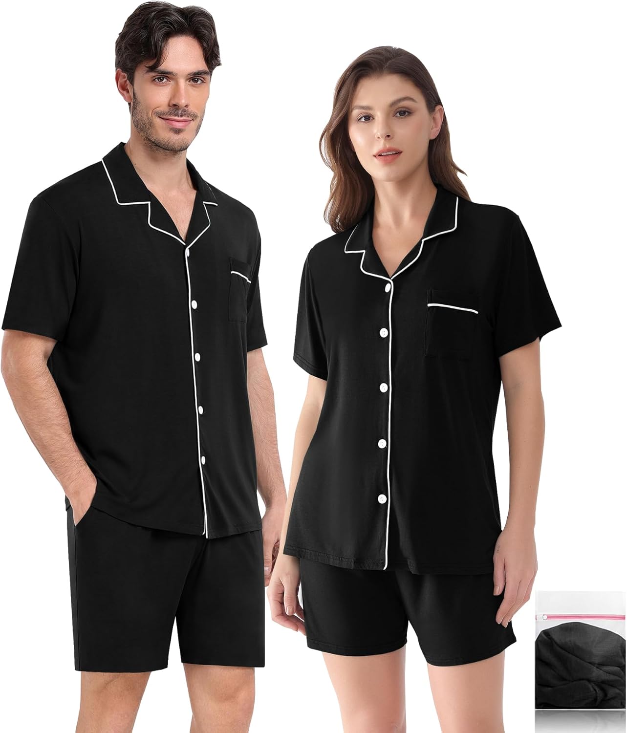 YOPUGEE Matching Couple Pajamas Set, Cotton Button-Down PJs with Pocket, His & Hers Pajama Set, Gifts for Couples, S-XXXL