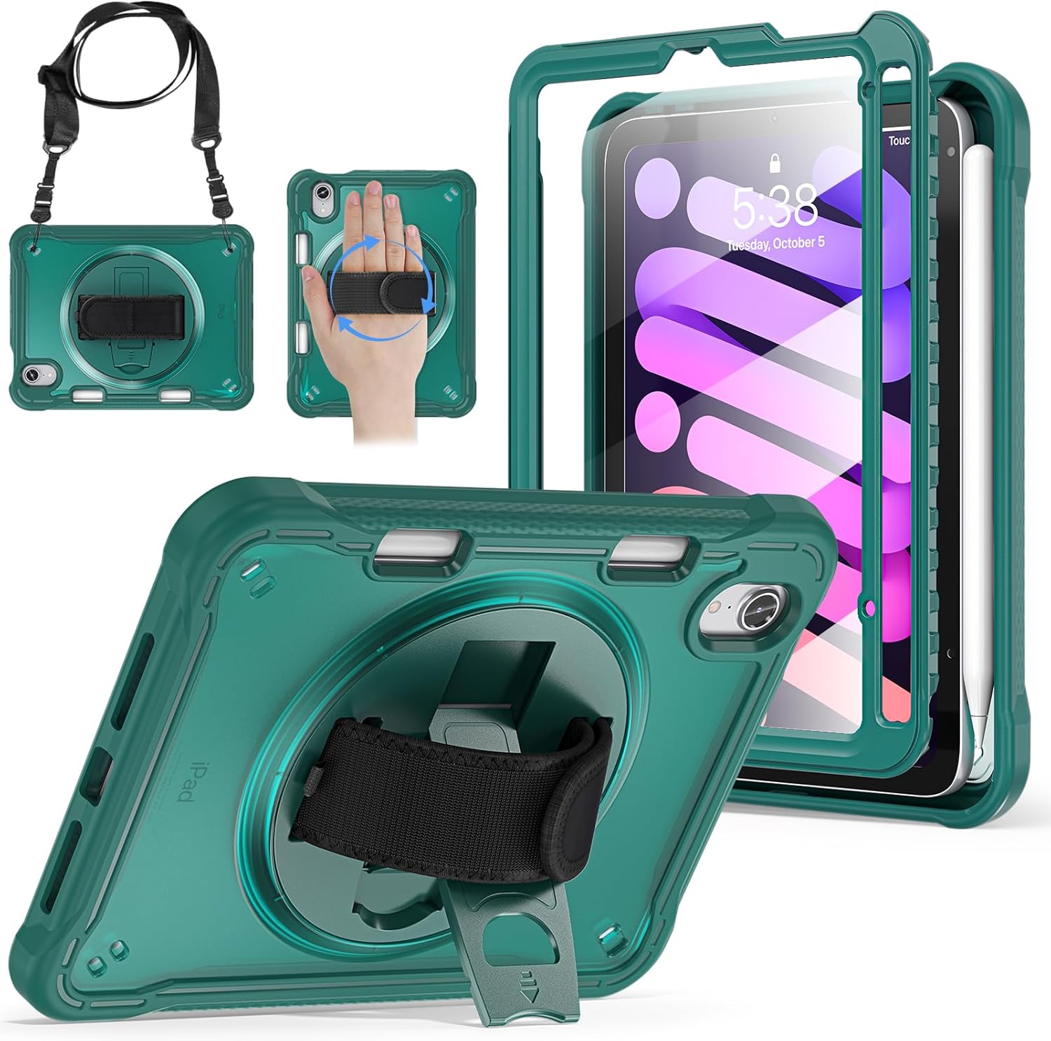 BRAECNstock Case for iPad mini 7 (A17 pro) 2024 & Mini 6 2021 8.3-inch,Shockproof Protective Cover with Pencil Holder,Screen Protector,360° Rotating Hand Strap/Stand-Midnight Green