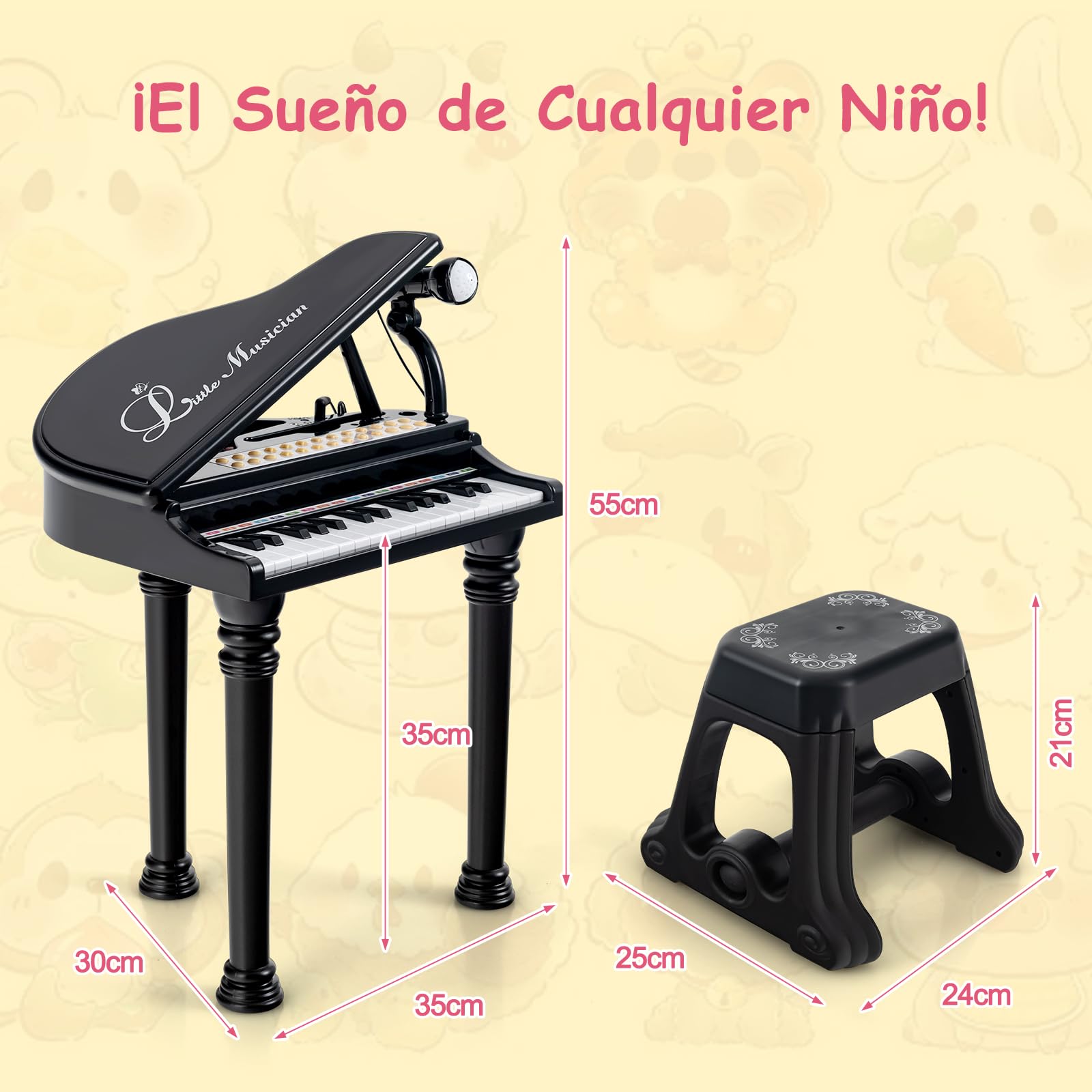 GOPLUS Piano Infantil de 31 Teclas, Piano Electrónico para Niños con Taburete, Micrófono y 3 Modos de Aprendizaje, Juguete Musical, Niños (Negro)