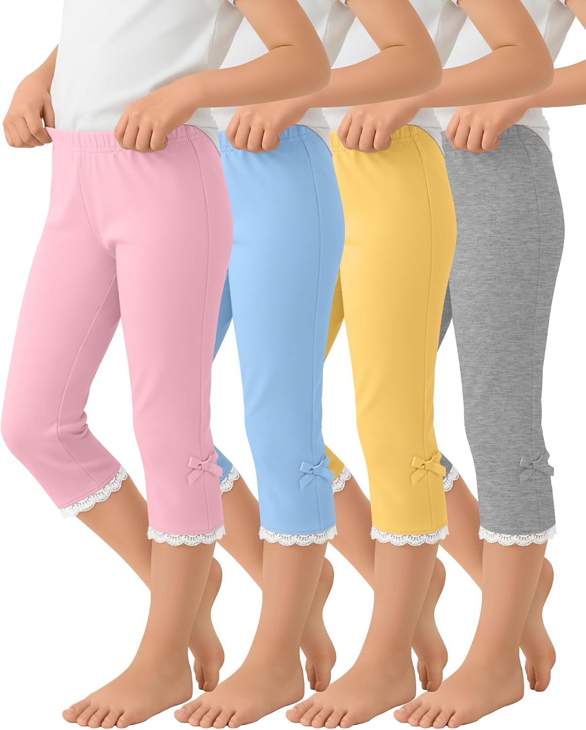 4 Pcs Girls Capri Pants Slim Fit High Elastic Waist Cropped Ankle Pants Soft Leggings with Cute Bow Tie Lace Trim