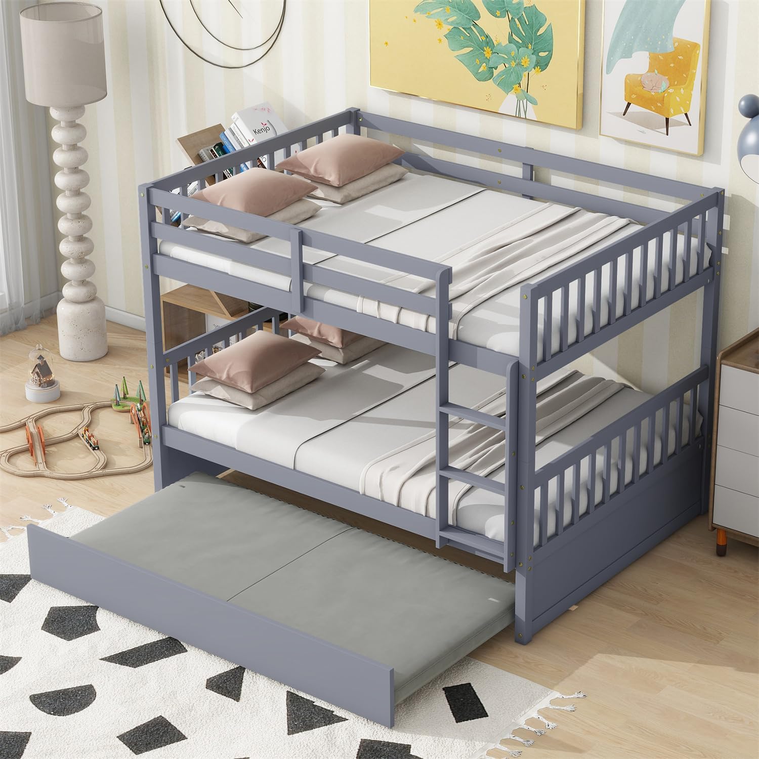 Harper & Bright DesignsFull Over Full Bunk Bed with Twin Size Trundle, Separatable 2 Beds in 1, Wooden Bed Frame with Ladder, Grey