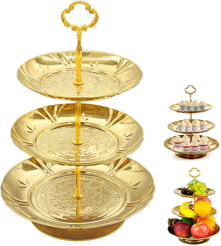 Fruit Plate, 3 Tier Cakes Desserts Stainless Steel Cupcake Plate Stand, Party Supplies Plate- Gold Color