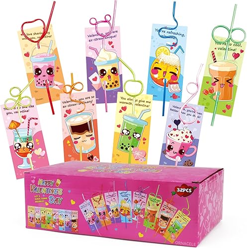 ORNACELE 32 tarjetas de felicitación para el día de San Valentín con pajitas reutilizables  Pajitas para beber con lazo loco, juguetes de relleno,