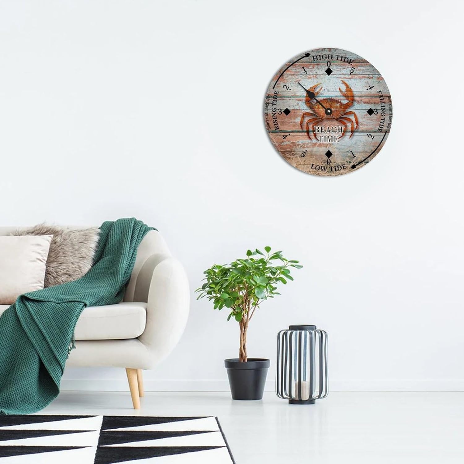 Rustic Wood Tide Clock Beach Time Ocean Crab Ocean Time Rustic Wooden Clock Wood Moon Tidal Clock for Wall High and Low Tide Movement Clock for Seaside House Cottage Hotel Camping 12x12 in