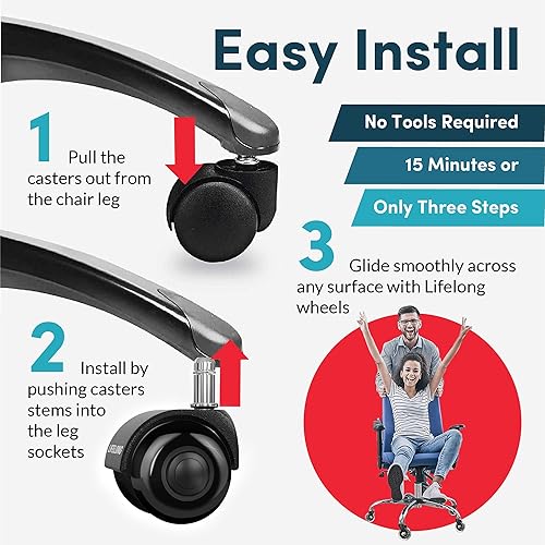 Miniatura 65 de Lifelong Ruedas de repuesto de goma para sillas de oficina, ruedas resistentes de 2 pulgadas para suelos de madera dura y alfombras, juego de 5,
