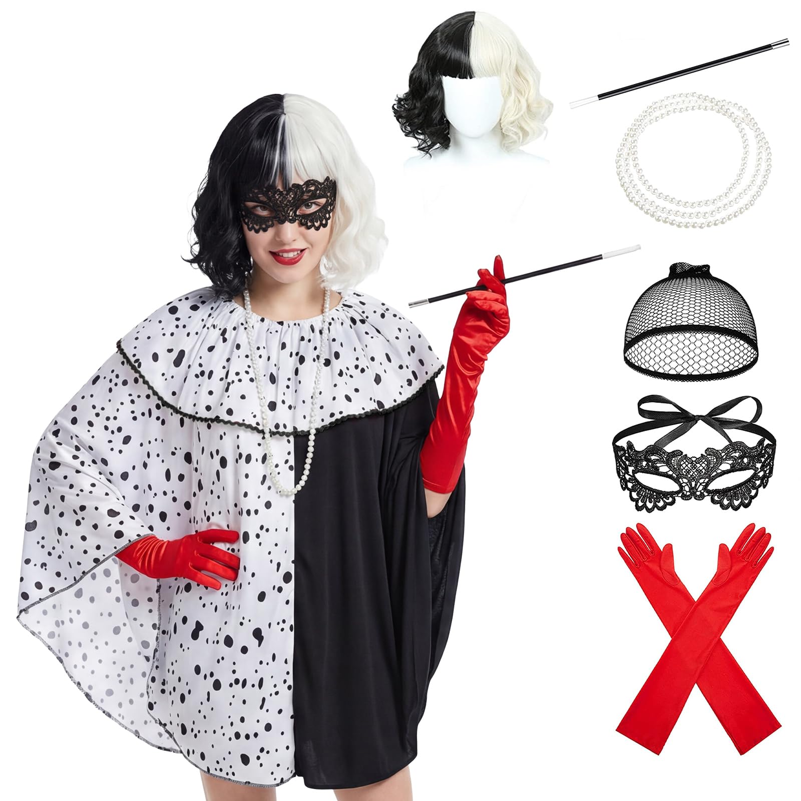 Women's 70s Accessory Set Halloween Costume 8 Pcs Black White Polka Dot Scarf Wig Lace Mask for Carnival Theme Party