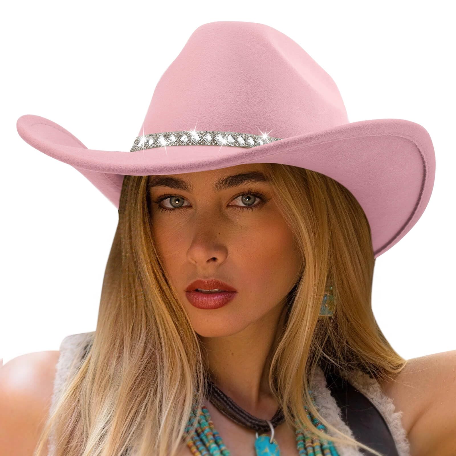 DRESHOW Western Cowboy Hat for Women and Men Wide Brim Glitter Cowboy Cowgirl Hats with Rhinestone Felt Fedora Unisex Rolled up Caps