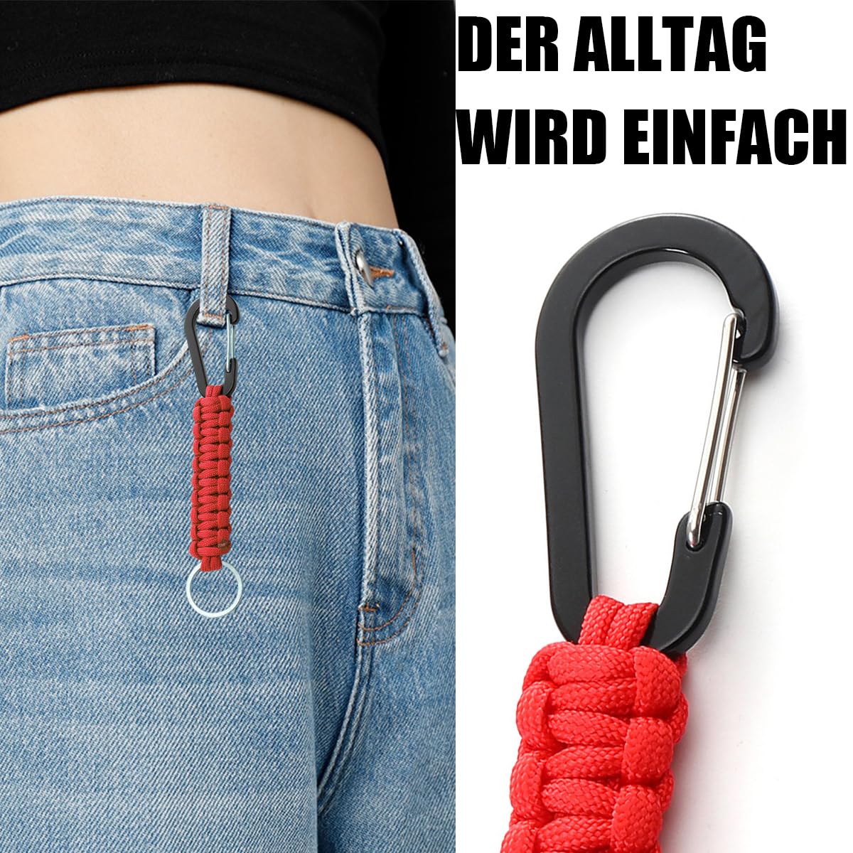 Portachiavi In Paracord 2 Pezzi Con Moschettone - Nero E Rosso Per Campeggio E Sopravvivenza - Foto 7