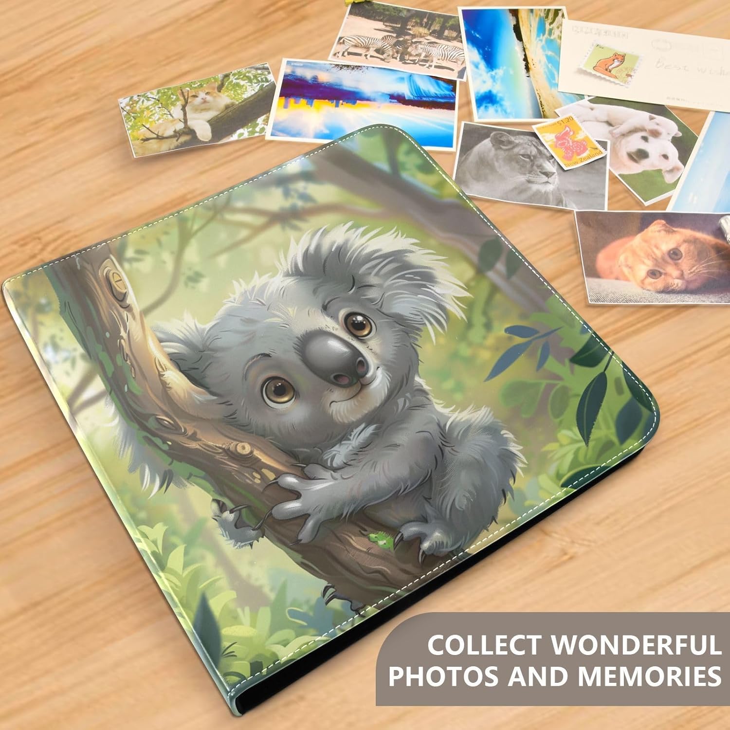 JIPONI Cute Koala Cartoon Large Photo Album, DIY Leather Cover Scrapbook Albums for 4x6 5x7 6x8 Pictures, Self Adhesive Memory Book for Wedding, Baby, Family