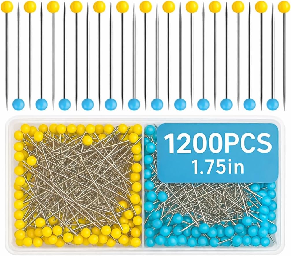 1200 PCS Straight Pins,1.75IN Quilting Pins Long,Yellow and Blue Glass Head Sewing Pins for Fabric,Stainless Steel Dressmaker for Sewing, Crafts, Jewelry Making, DIY