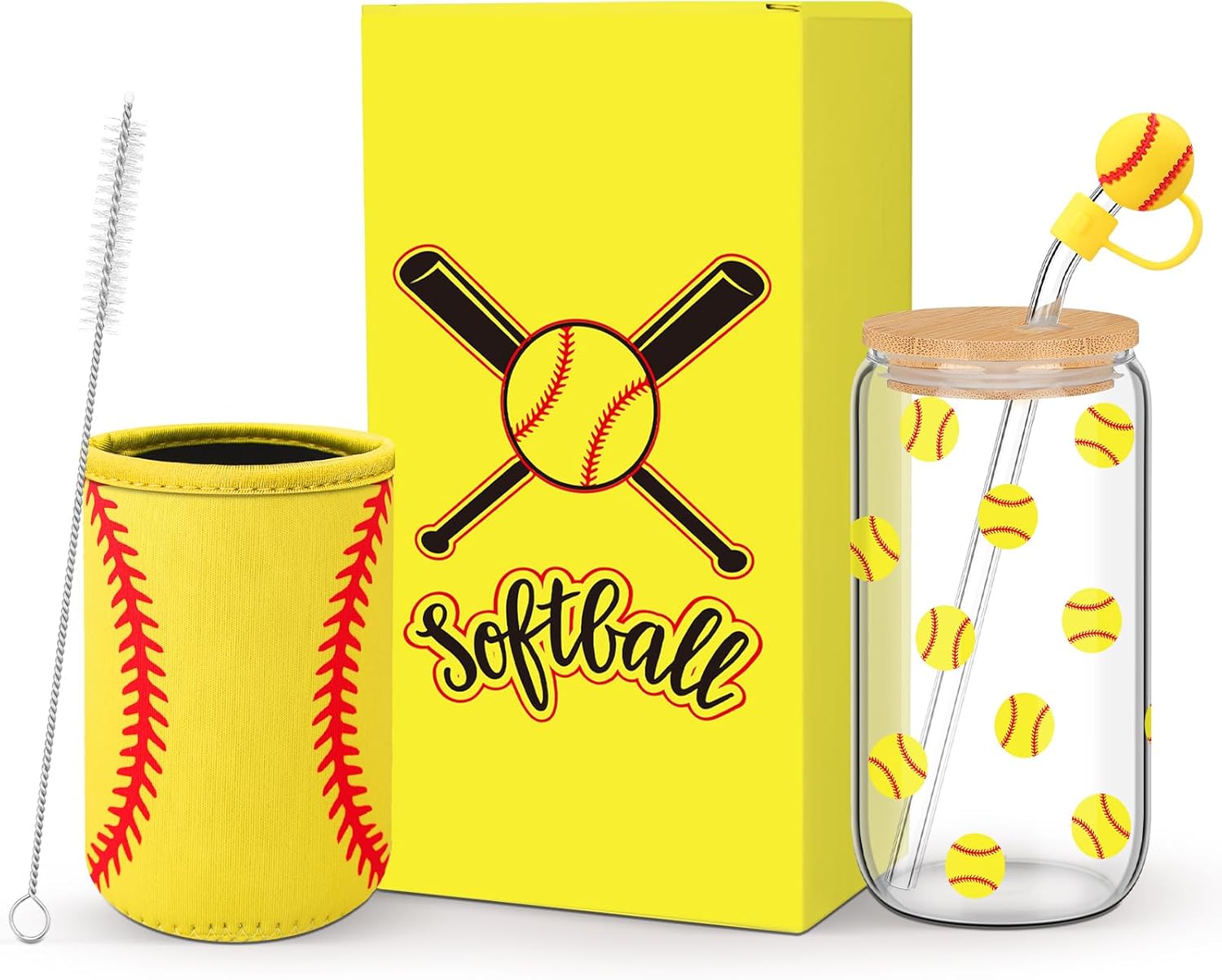 Softball Lovers Gifts, 16 oz Glass Iced Coffee Cup with Straw Stopper and Mug Sleeve, Softball Glasses Cup for Women Man Sport Lovers