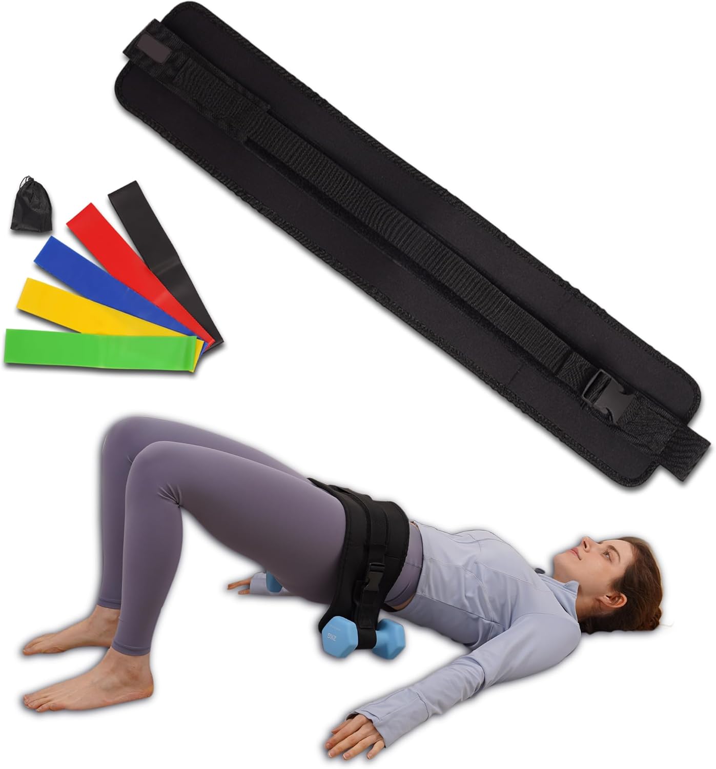 Hip Thrust Belt with 5 Resistance Bands Set – Slip-Resistant Padding for Glute Workouts, Adjustable Booty Belt for Dumbbells, Kettlebells, and Weight Plates, Home & Gym Glute Trainer (Black)