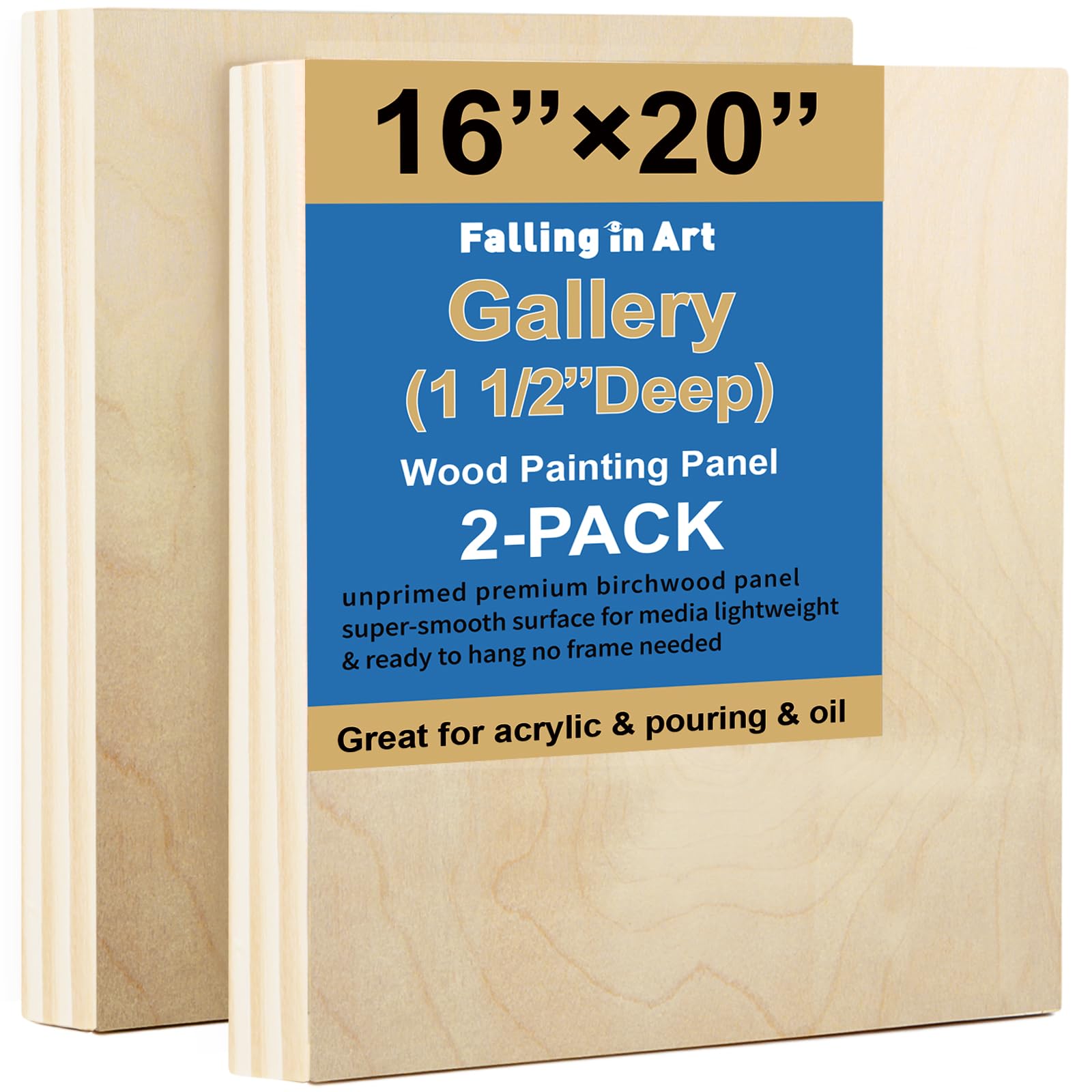 Falling in Art 2 Pack 16x20'' Unfinished Gallery Birch Wood Canvas Panels