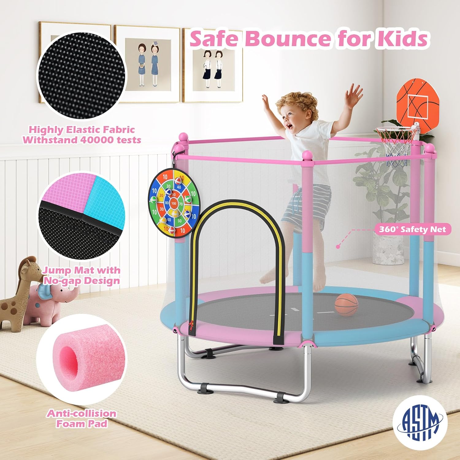 GYMAX Trampoline for Kids, 60” Toddler Rebounder with Basketball Hoop & Dart Board, All-Round Enclosure Net,Mini Indoor Kids Trampoline for Boys & Girls