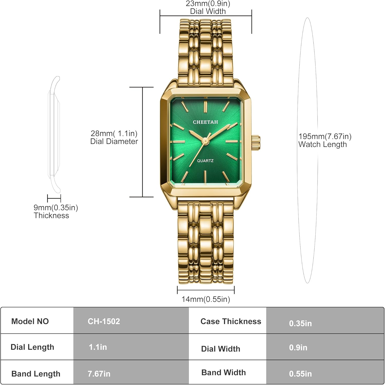 CHEETAH Women's Gold-Tone Dainty Watch, Retro Style Rectangular Case and Stainless Steel Band, Gift for Her - Image 3