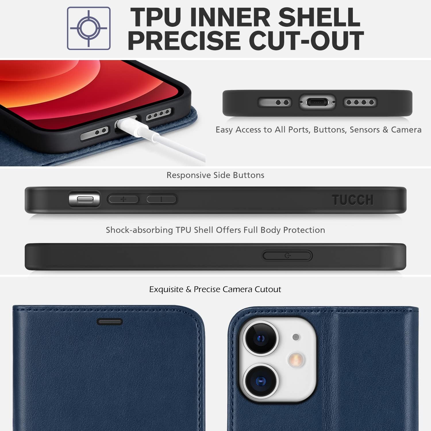 TUCCH Wallet Case for iPhone 12 Mini 5G, [TPU Shockproof Inner Shell], PU Leather RFID Blocking Credit Card Holder Magnetic Stand Flip Cover Compatible with iPhone 12 Mini 5.4-inch, Dark Blue
