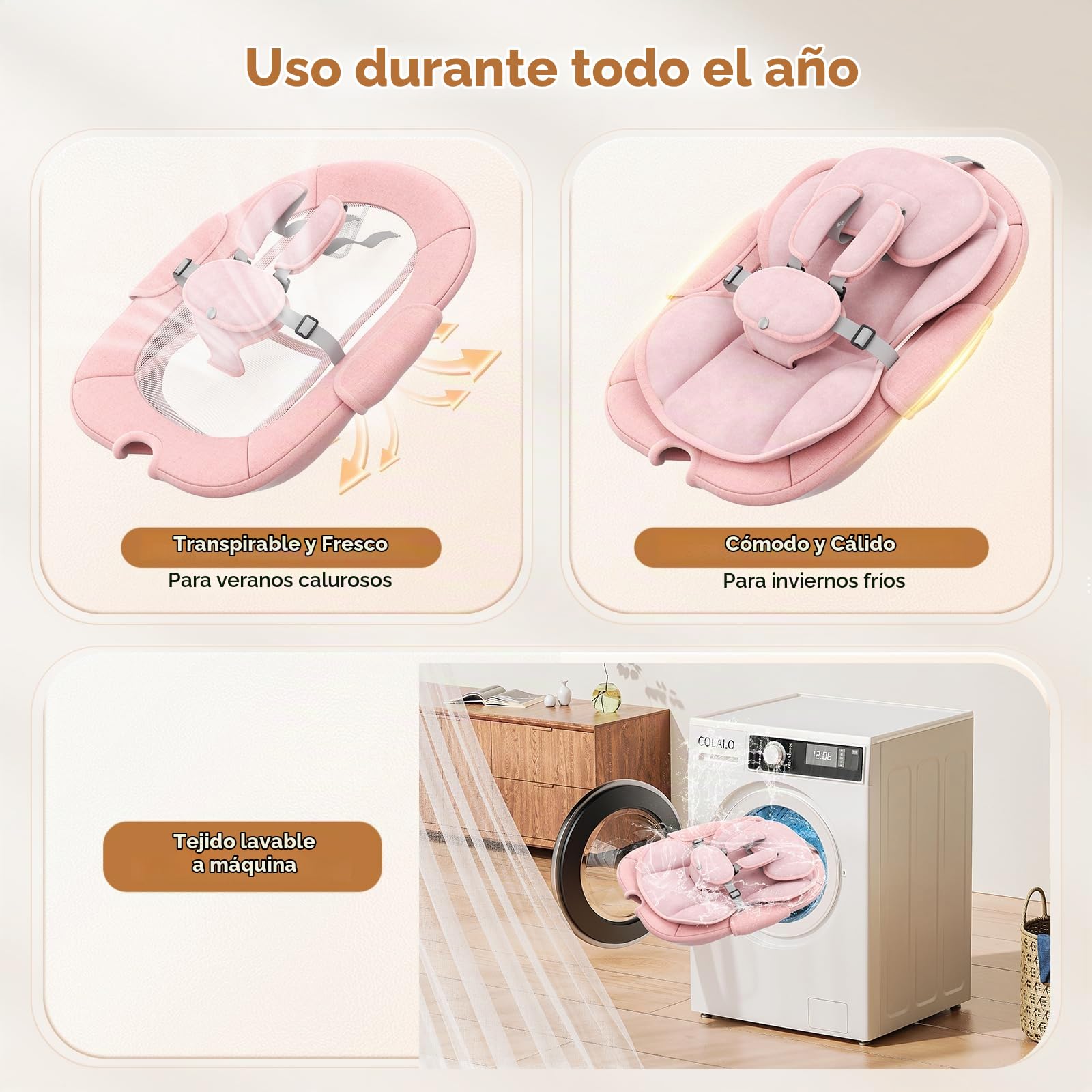 Respaldo Ajustable Hamaca para Bebé, Eléctrica Silla Mecedora de Bebé con Cojín Desmontable y Mesa Auxiliar Desmontable, Control Remoto Hamaca Bebe 5Velocidades de Columpio y 12 Melodias (Rosa)