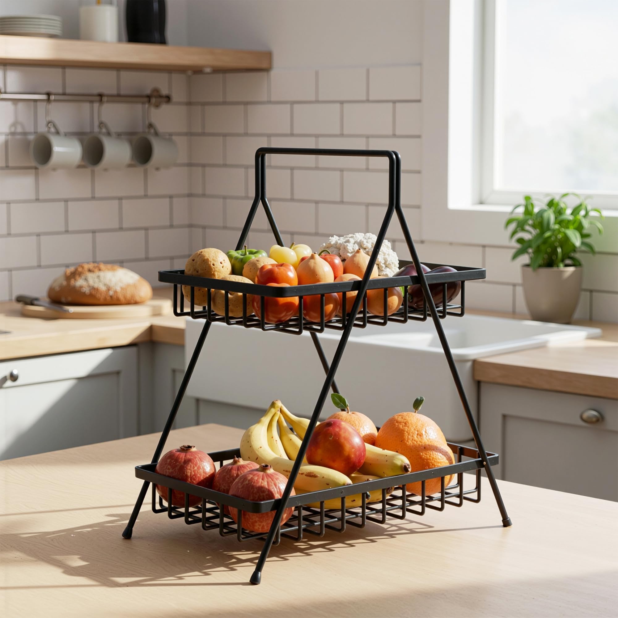Kuber Industries Metal 2 Tier Fruit & Vegetable Basket for Kitchen | Dining/Kitchen Rack/Countertop Organizer | Multipurpose Storage Stand | Black