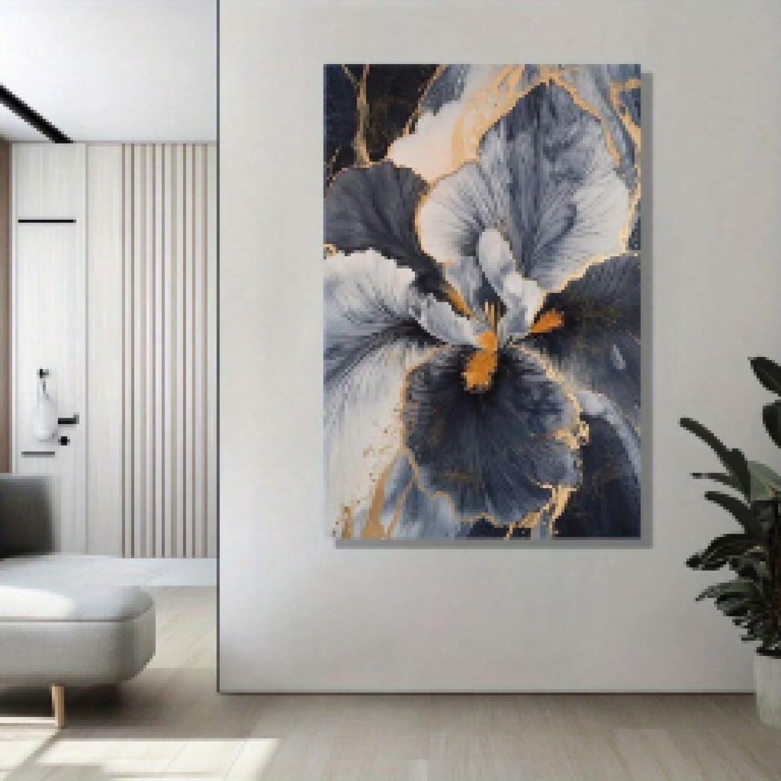 1 sztuka abstrakcyjny kwiatowy obraz na płótnie nowoczesna elegancka sztuka ze złotymi detalami i ciemnoniebieskimi tonami druk artystyczny do salonu biura 50 x 70 cm bez ramki