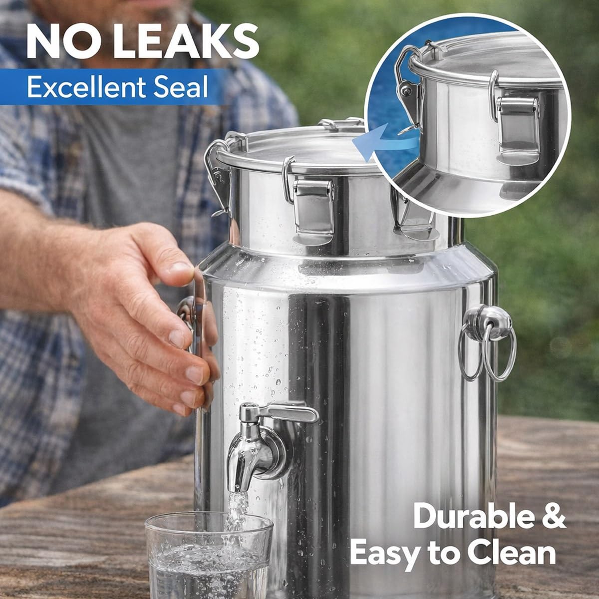 Lechera Acero Inoxidable 5L 8L 9L 10L 14L 28L Resistente con Tapa y Asa Jarra de Leche Hermética para Almacenamiento Seguro de Alimentos y Líquidos(No Spigot,7L/1.85Gal)
