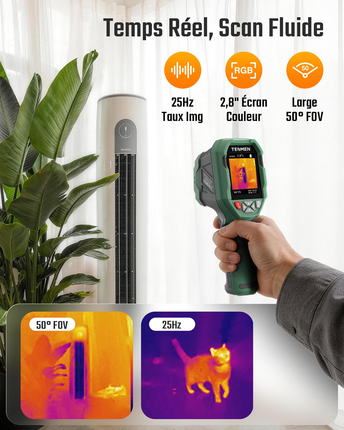 TESMEN TKA-6000 Caméra Thermique, TISR 240 x 240, -20℃~550℃, Caméra Thermique Infrarouge portative 25 Hz, Ultra-Sensible 40 MK, Suivi en Direct pour Entretien Maison, Inspection Fuites et CVC