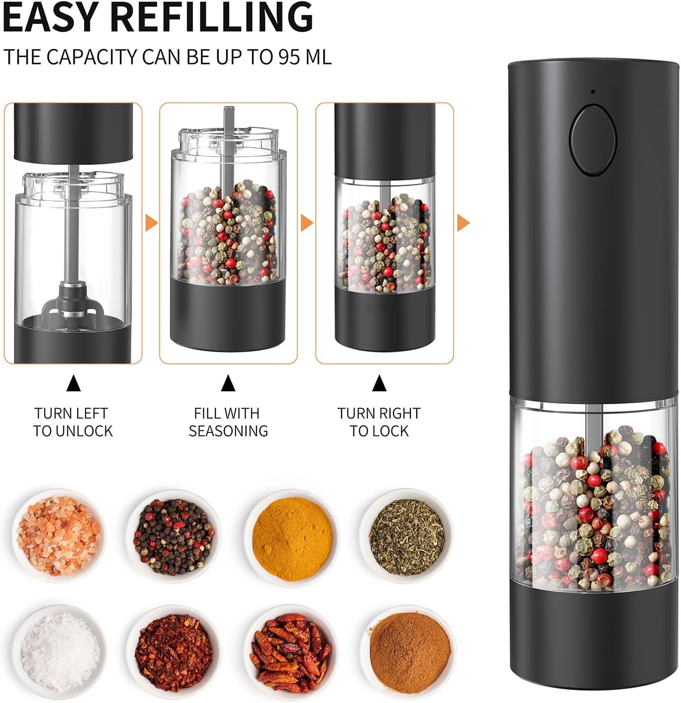 RECHARGEABLE - Electric Pepper and Salt Grinder Set, Adjustable Coarseness, With LED Light, One Hand Automatic Operation (C/Black&white)