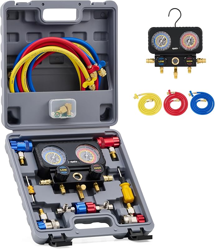Juego de manómetros de CA OMT con mangueras de 5 pies para R1234yf R404a R134a, 3 vías | Incluye grifos de lata autosellantes de acopladores rápidos para carga y evacuación de freón de automóviles; Cuerpo de aluminio; Ideal para recarga de freón